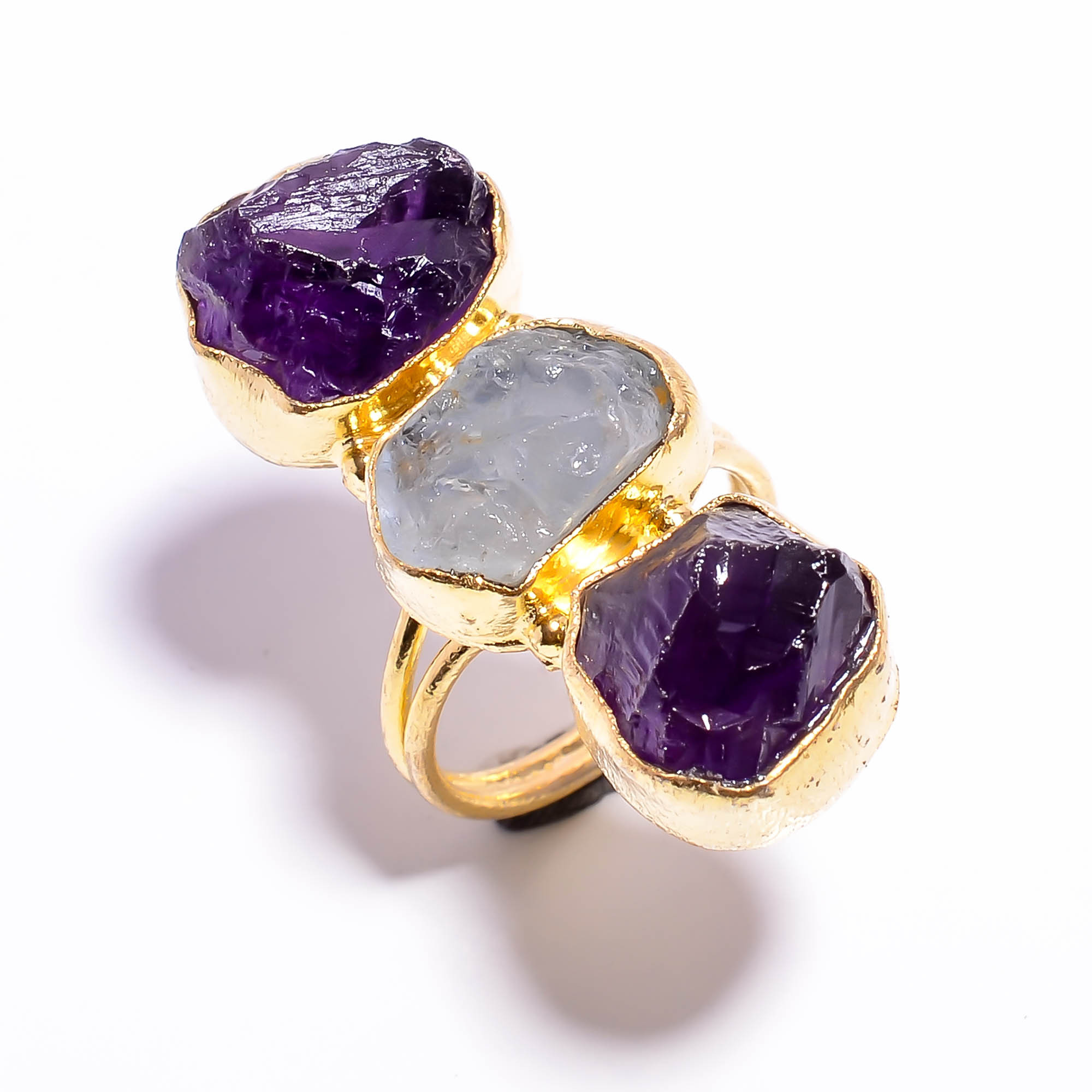 Natural Raw Amethyst Gemstone 18K Gold Plated Ring Handmade Fashion Ring Size US 8