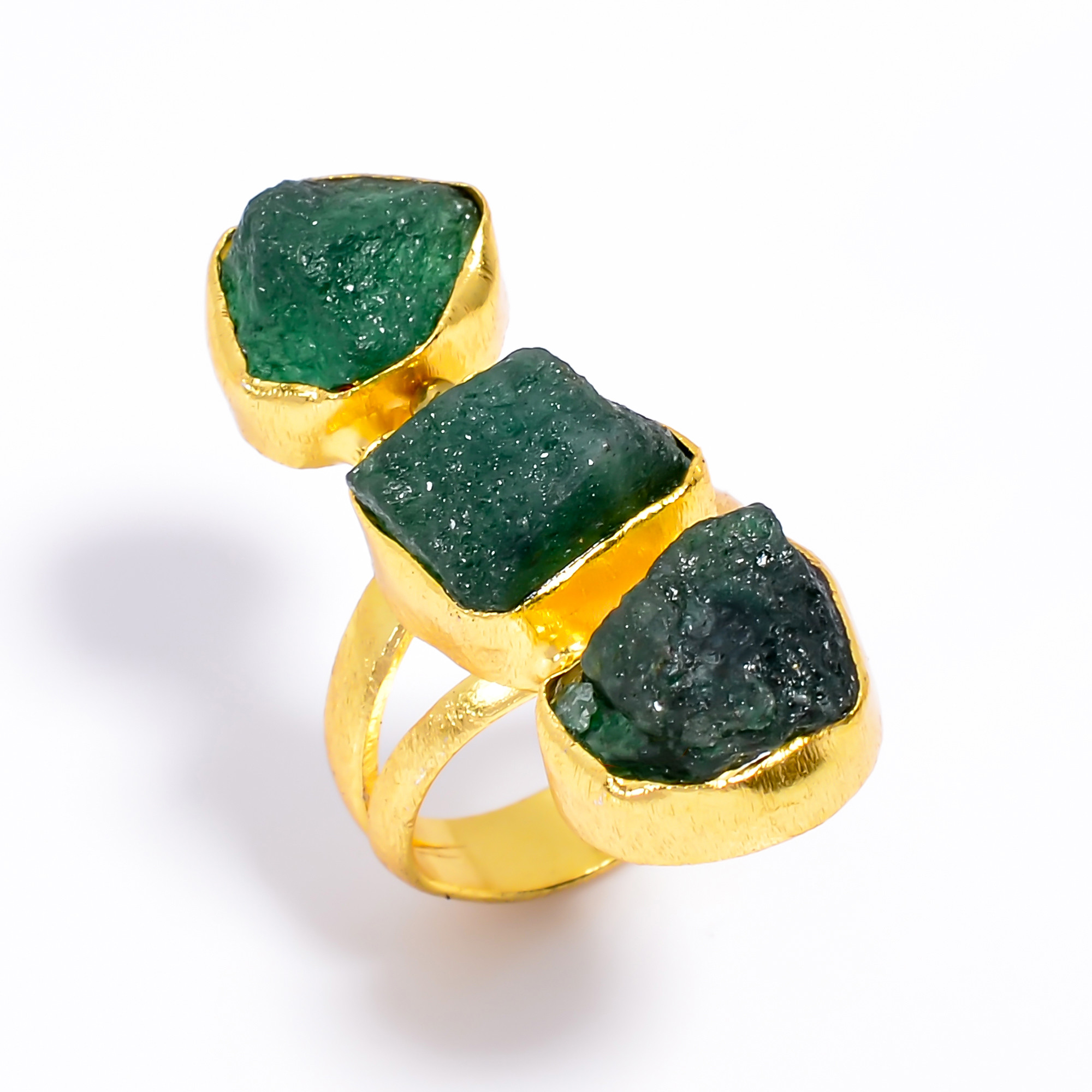 18k Gold Plated Ring Natural Green Aventurine Raw Gemstone Ring Adjustable