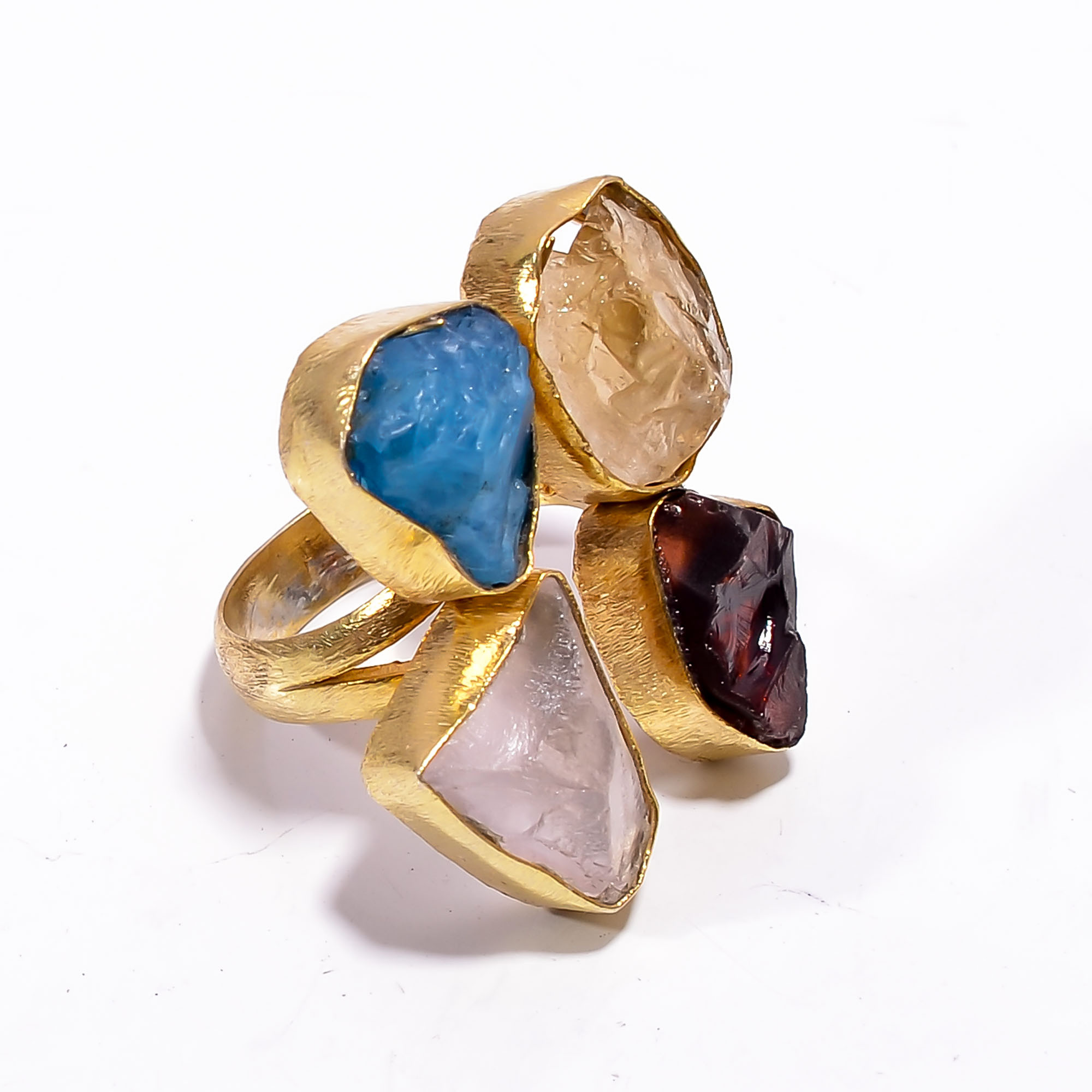 Natural Raw Multi Gemstone 18K Gold Plated Ring Handmade Fashion Ring Size US 6 Adjustable