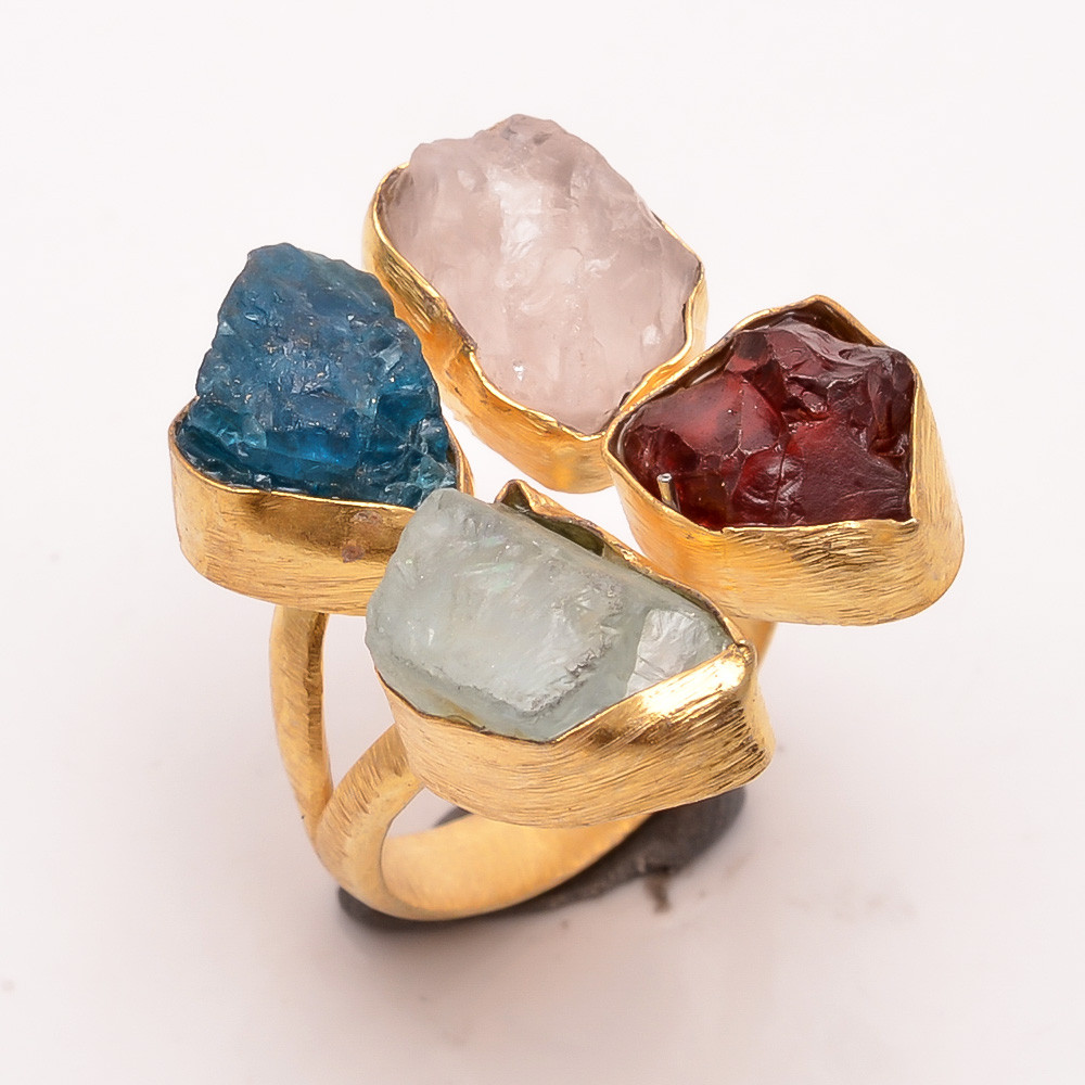 Natural Raw Multi Gemstone 18K Gold Plated Ring Handmade Fashion Ring Adjustable