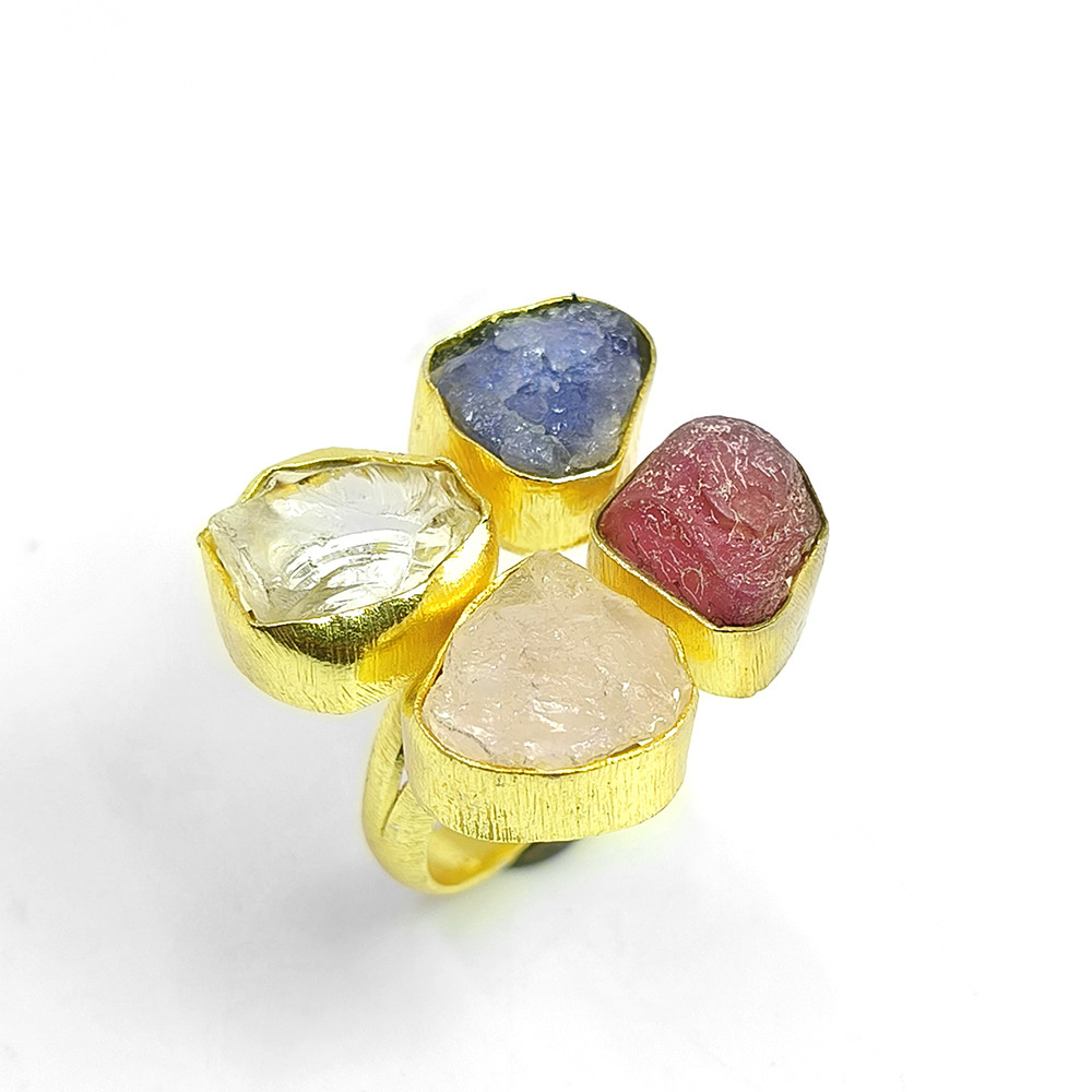 Natural Raw Multi Gemstone 18K Gold Plated Ring Handmade Fashion Ring Size US 6 Adjustable