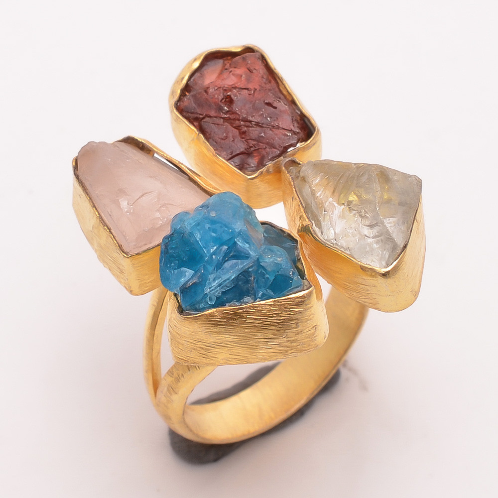 Natural Raw Multi Gemstone 18K Gold Plated Ring Handmade Fashion Ring Adjustable