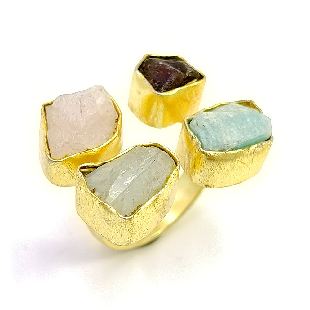 Natural Raw Multi Gemstone 18K Gold Plated Ring Handmade Fashion Ring Size US 65 Adjustable