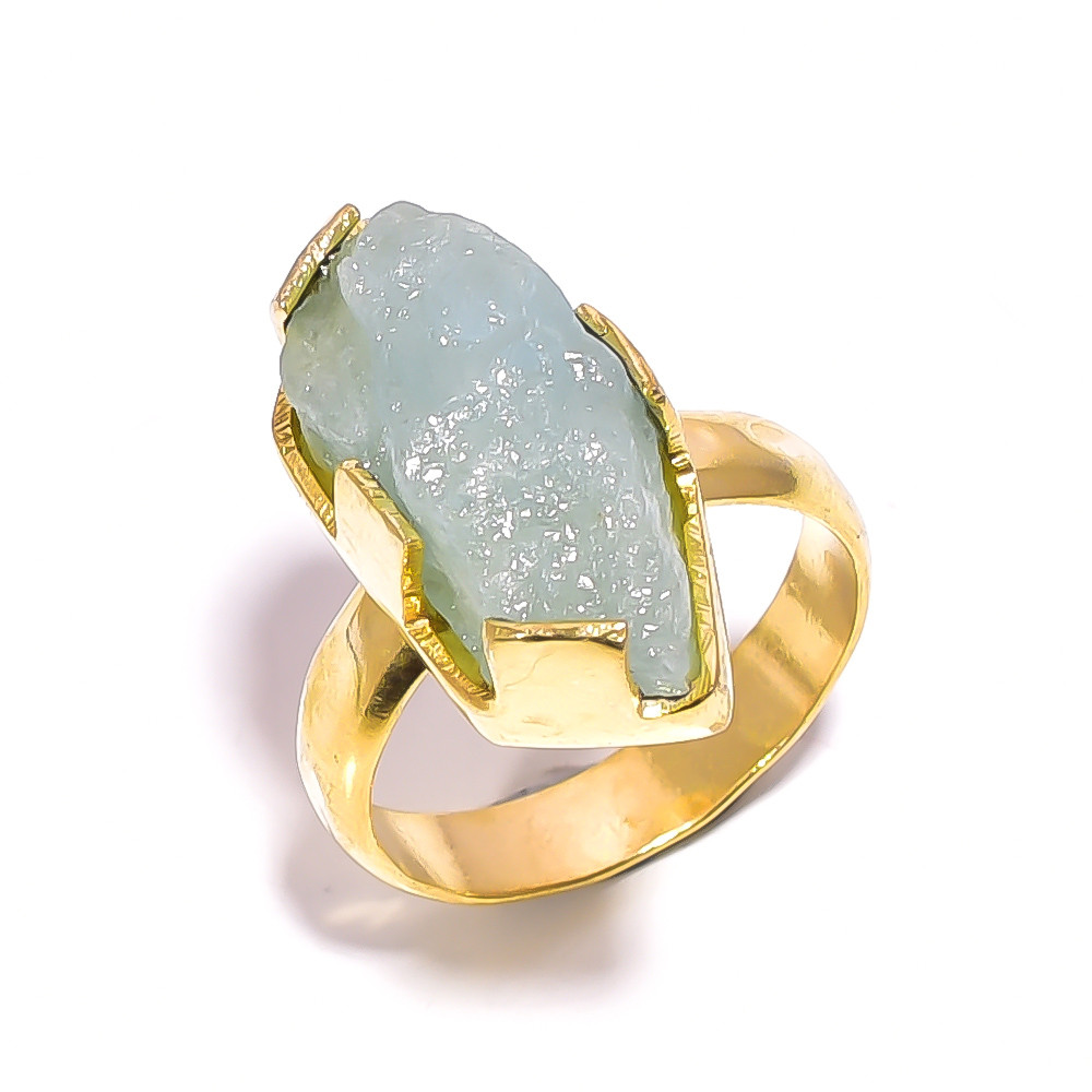 Natural Aquamarine Raw Gemstone 18K Gold Plated Hammered Ring Size US 6