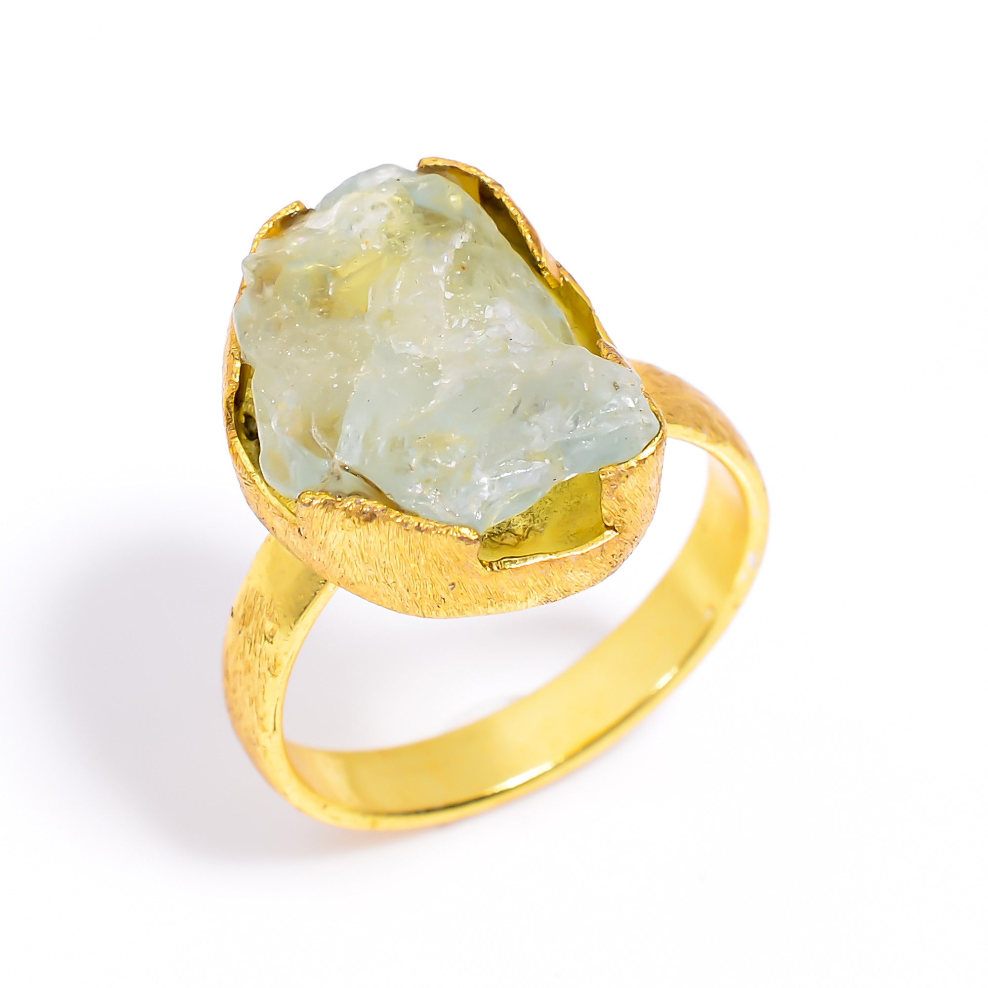 18K Gold Plated Ring Natural Aquamarine Raw Gemstone Handmade Ring