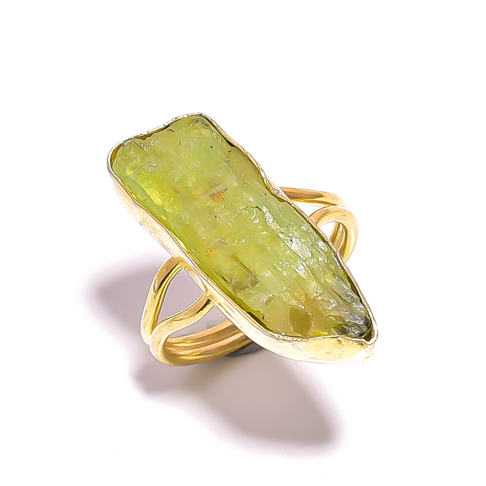 Image of 18k Gold Plated Ring Natural Raw Green Kyanite Gemstone Ring Size US 7