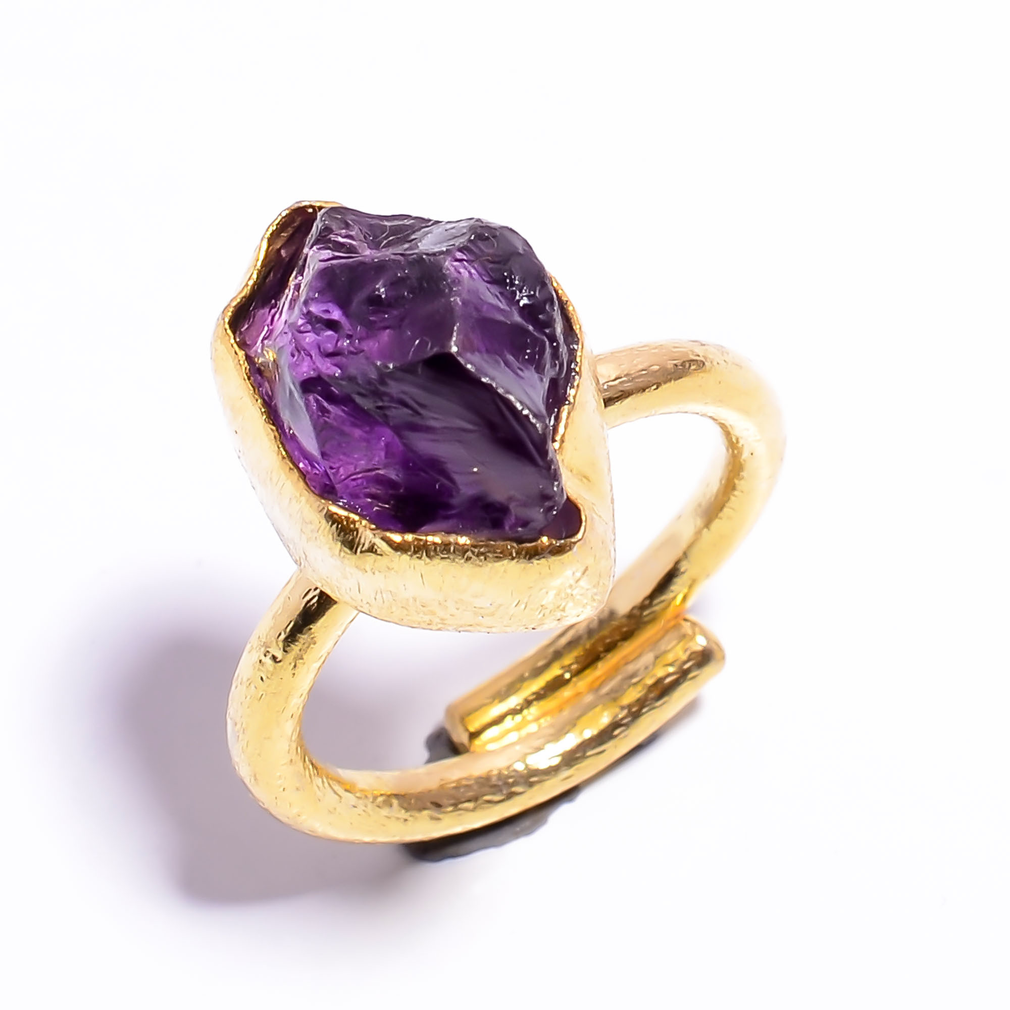 Natural Raw Amethyst Gemstone 18k Gold Plated Adjustable Ring Handmade