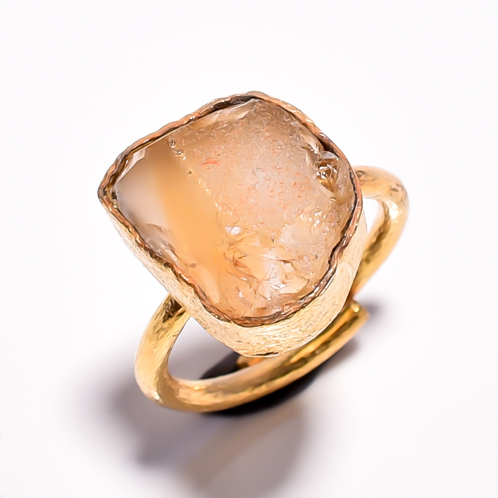 Natural Raw Citrine Gemstone 18k Gold Plated Adjustable Ring Handmade