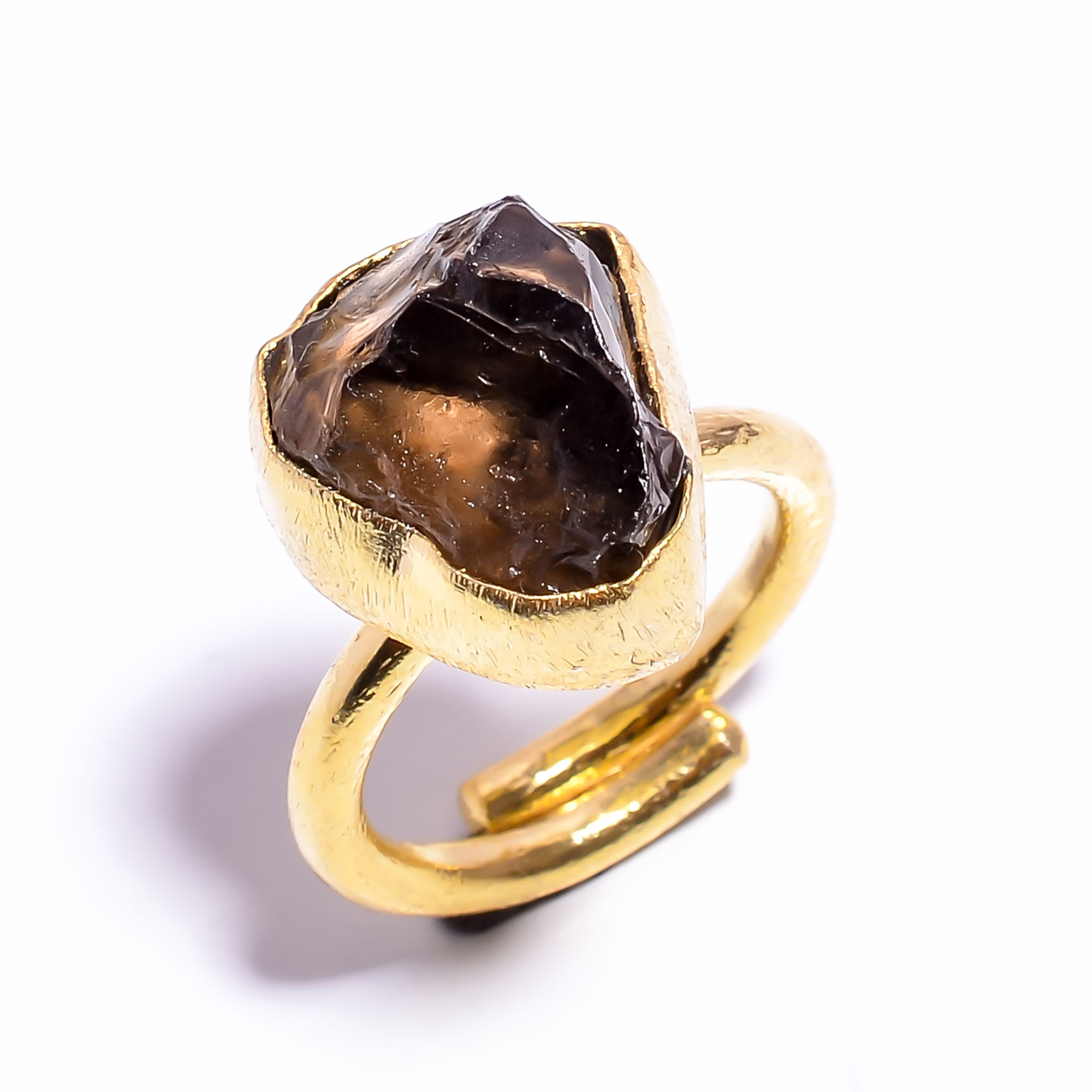 Natural Raw Smoky Gemstone 18k Gold Plated Adjustable Ring Handmade