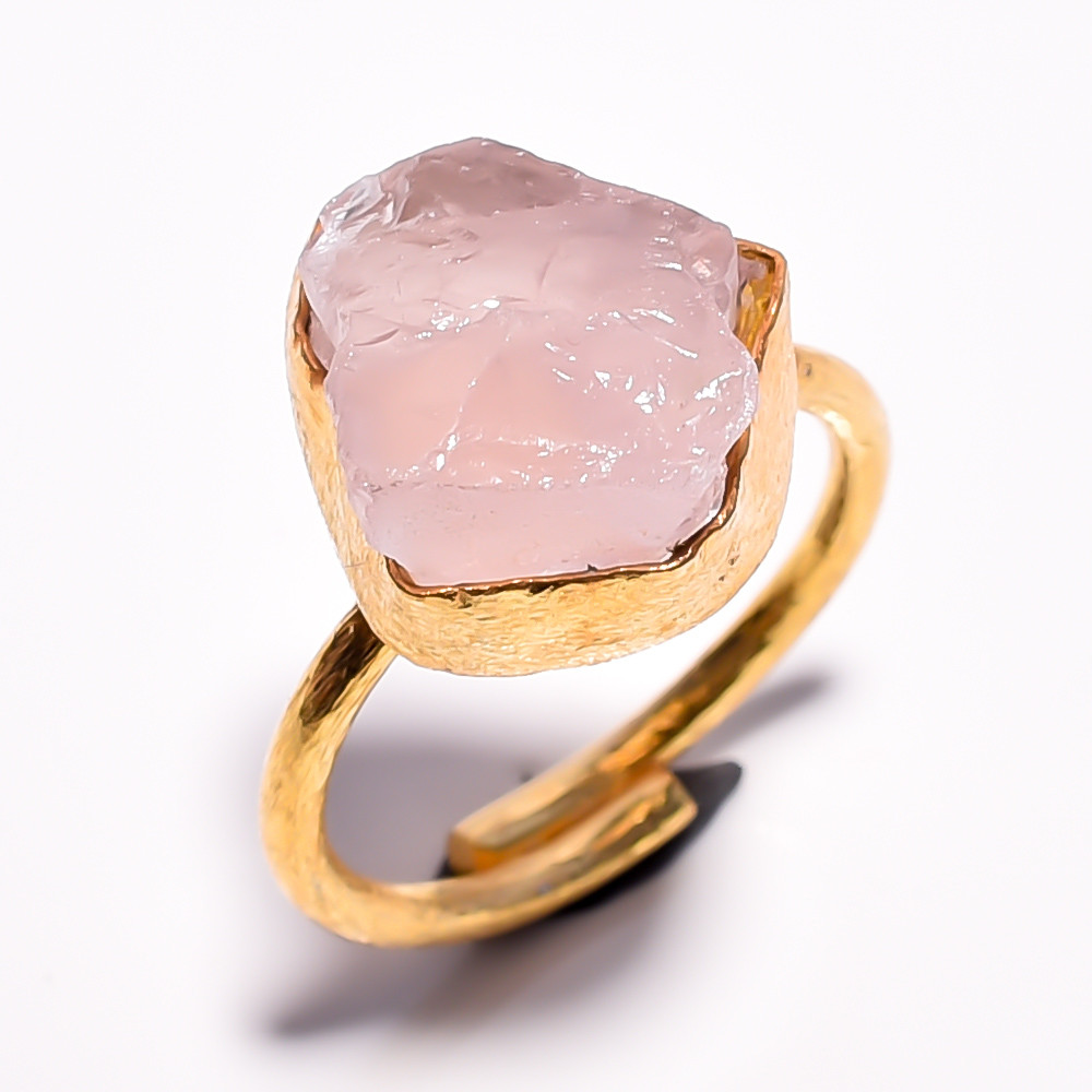 Natural Raw Rose Quartz Gemstone 18k Gold Plated Adjustable Ring Handmade