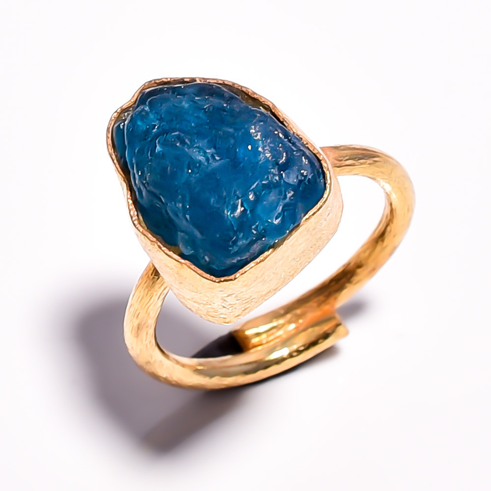 Natural Raw Neon Apatite Gemstone 18k Gold Plated Adjustable Ring Handmade