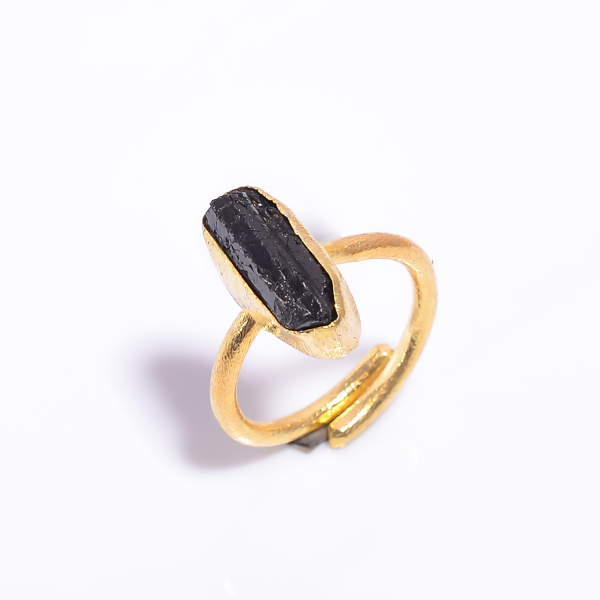 Natural Raw Black Tourmaline Gemstone 18k Gold Plated Adjustable Ring Handmade