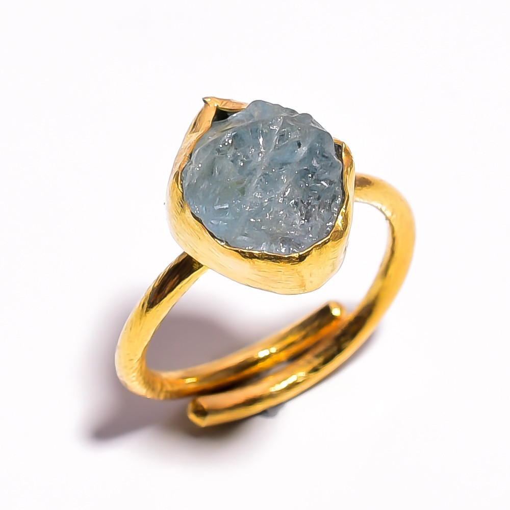 Natural Raw Aquamarine Gemstone 18k Gold Plated Adjustable Ring Handmade