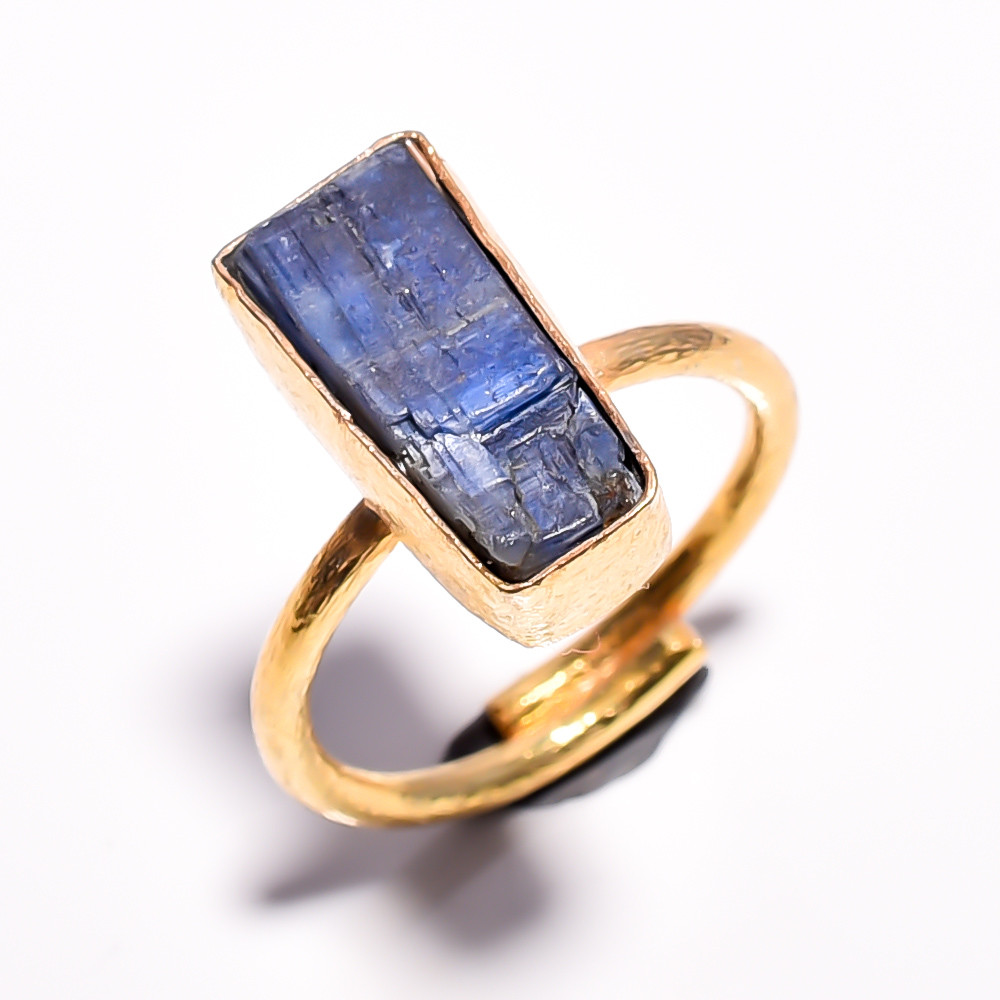 18k Gold Plated Adjustable Ring Natural Raw Blue Kyanite Gemstone Handmade Ring
