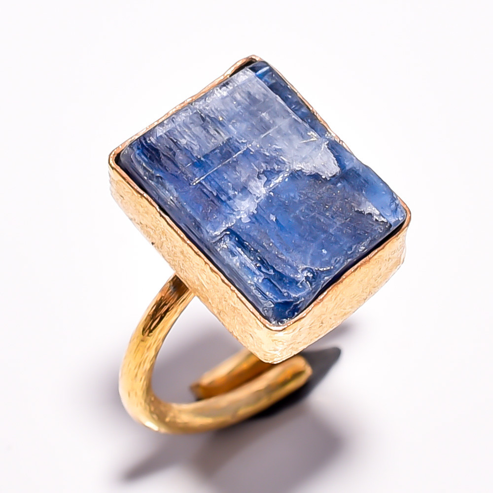 18k Gold Plated Adjustable Ring Natural Raw Blue Kyanite Gemstone Handmade Ring