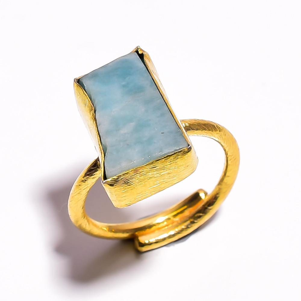 18k Gold Plated Adjustable Ring Size US 8 Natural Raw Amazonite Gemstone Handmade Ring