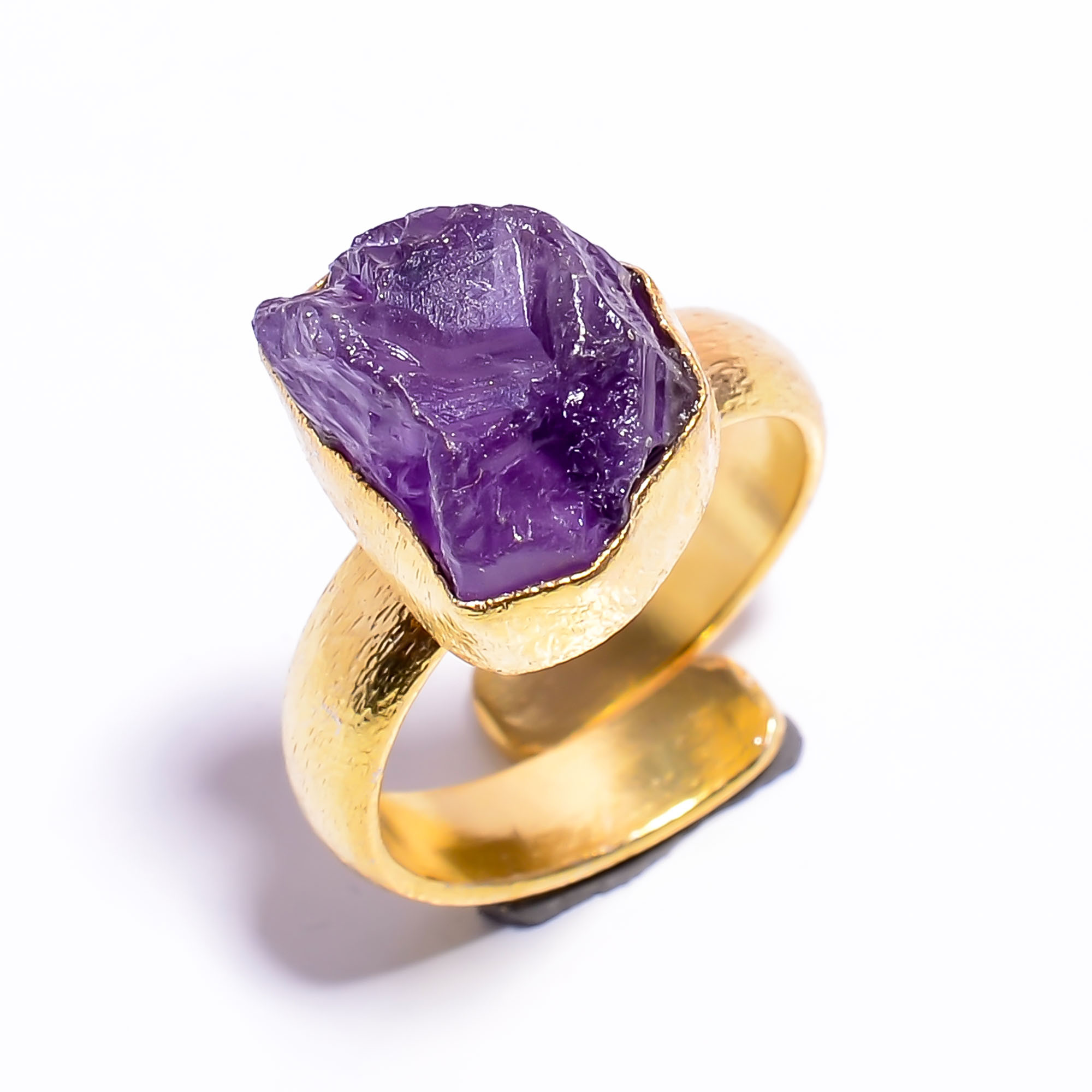 18k Gold Plated Adjustable Ring Natural Raw Amethyst Gemstone Handmade Ring