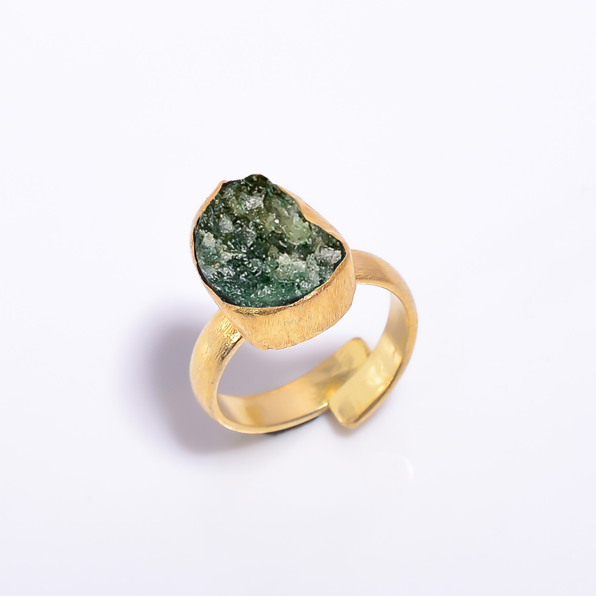 18k Gold Plated Adjustable Ring Natural Raw Green Aventurine Gemstone Handmade Ring Size US 7