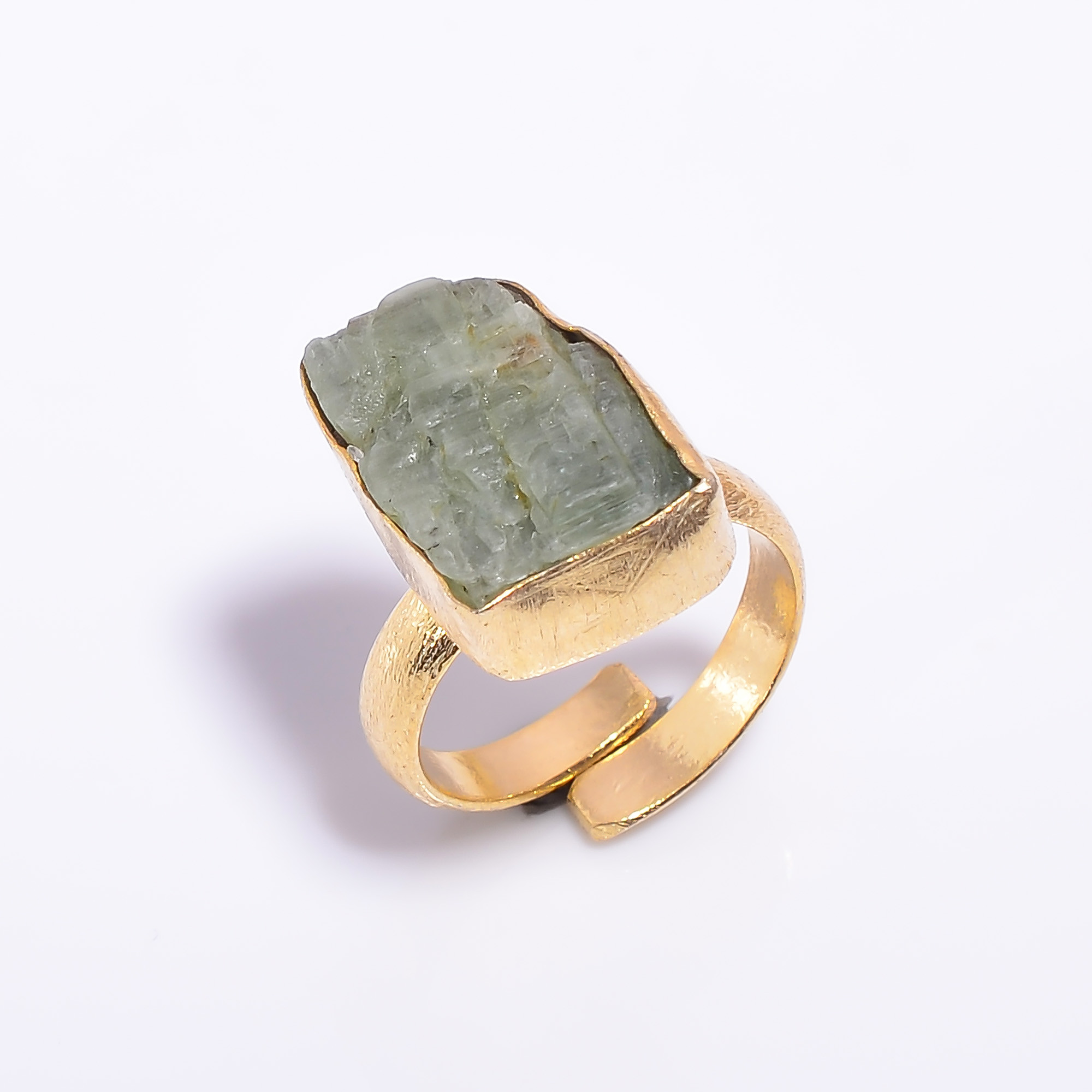 18k Gold Plated Adjustable Ring Natural Raw Green Kyanite Gemstone Handmade Ring