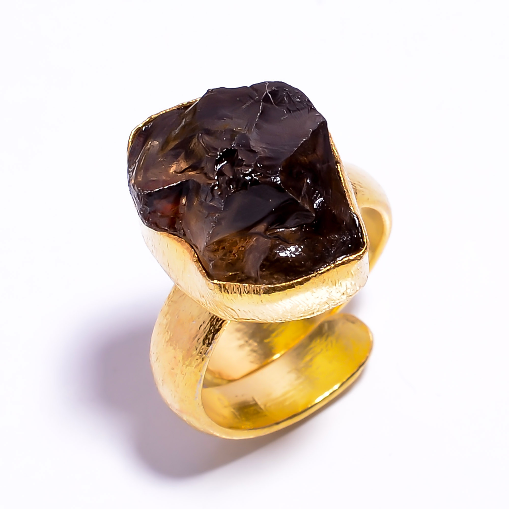 18k Gold Plated Adjustable Ring Natural Raw Smoky Gemstone Handmade Ring