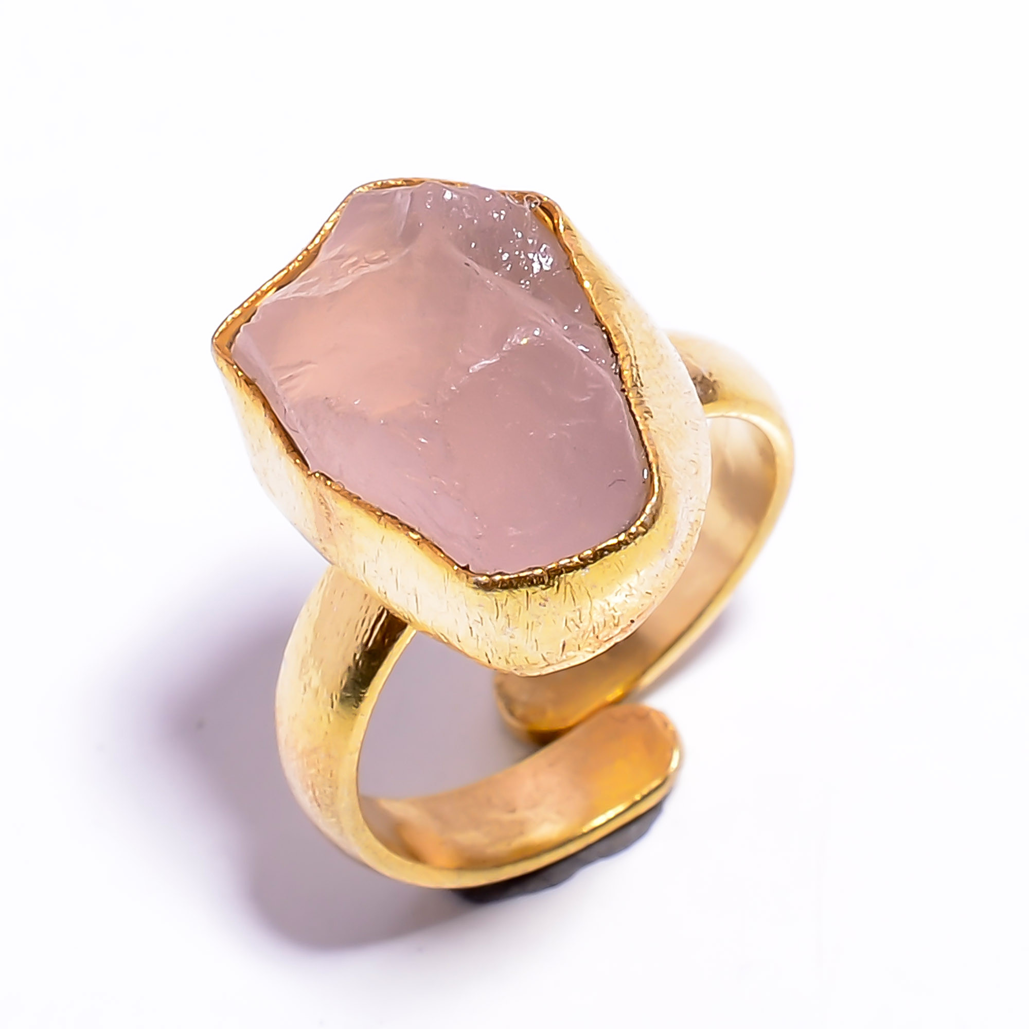 18k Gold Plated Adjustable Ring Natural Raw Rose Quartz Gemstone Handmade Ring