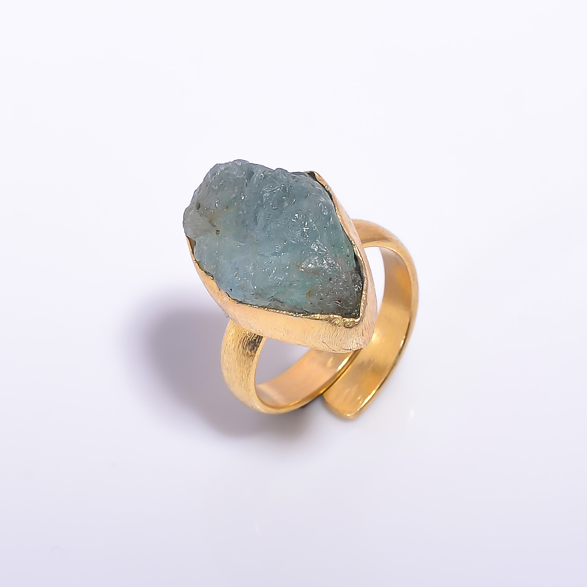 18k Gold Plated Adjustable Ring Natural Raw Aquamarine Gemstone Handmade Ring