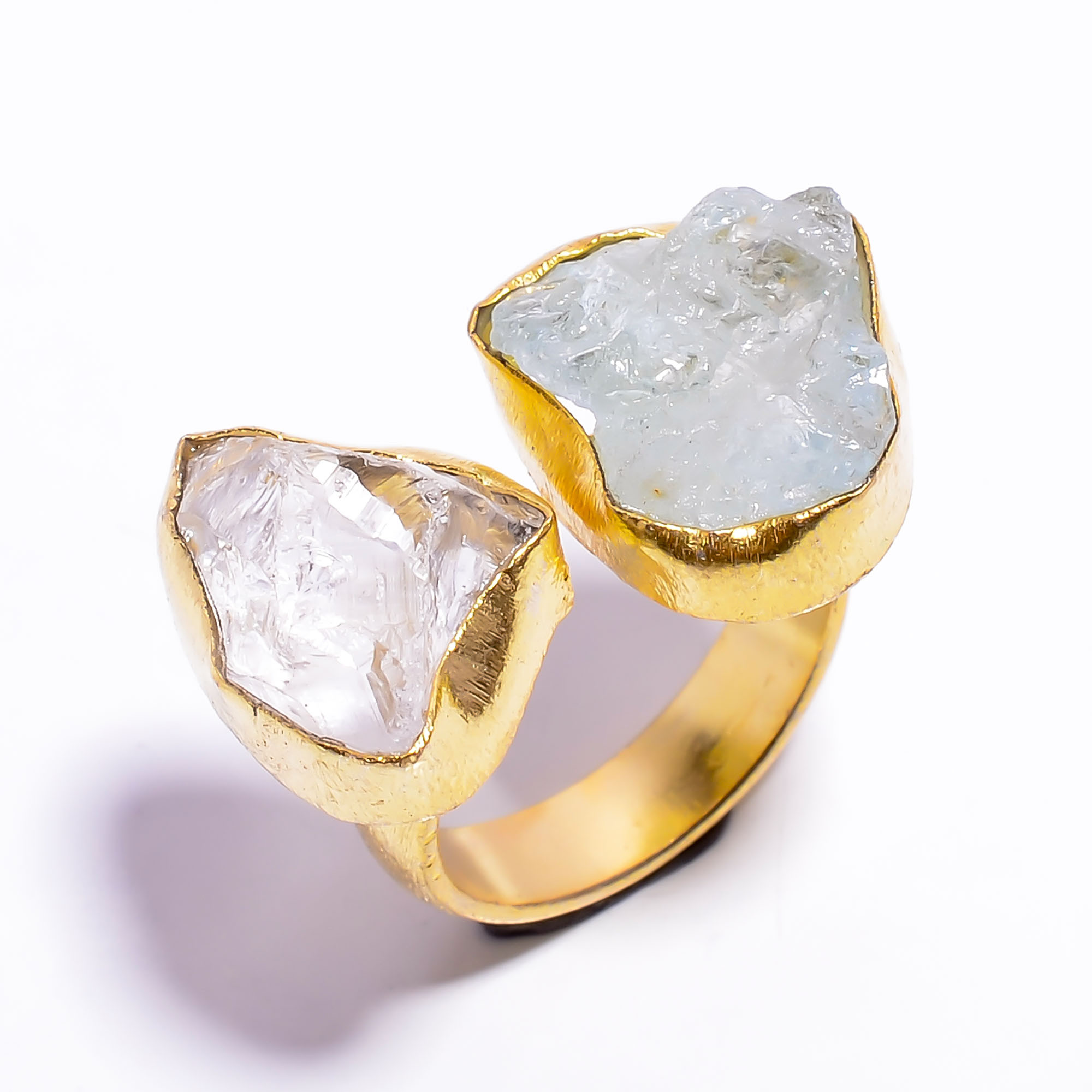 Natural Aquamarine Crystal Raw Gemstone 18k Gold Plated Ring Adjustable