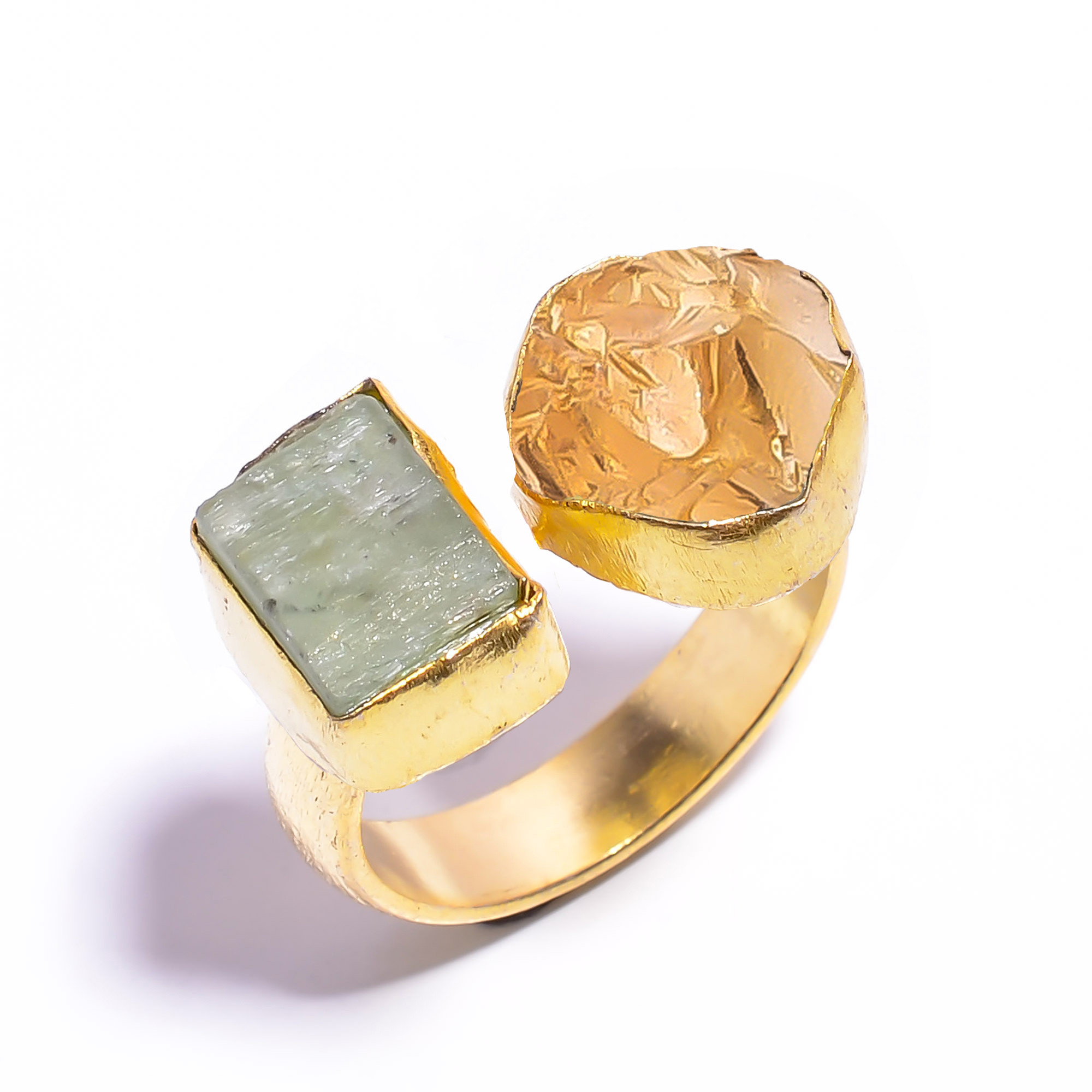 Natural Citrine Green Kyanite Raw Gemstone 18k Gold Plated Ring Adjustable