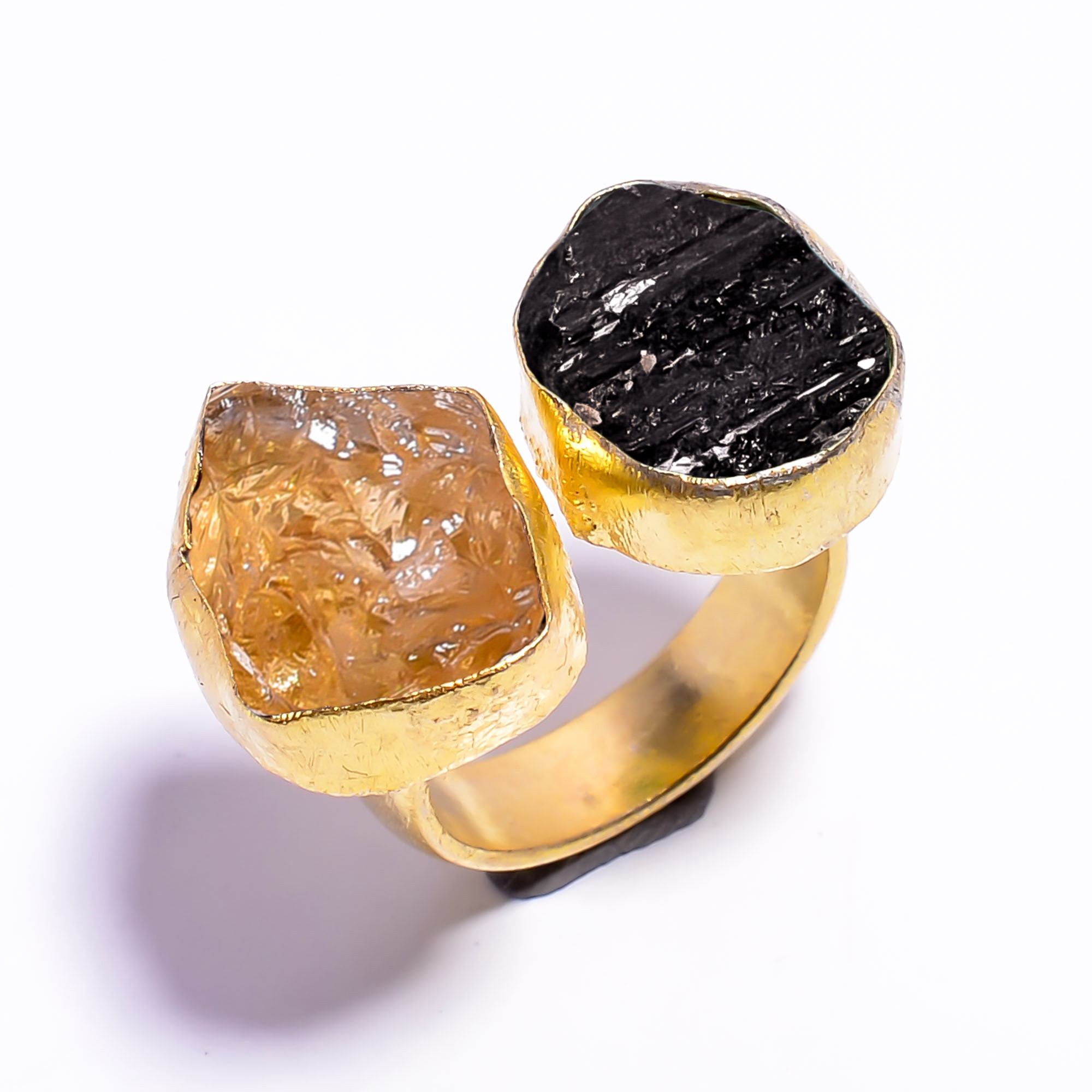 Natural Citrine Black Tourmaline Raw Gemstone 18k Gold Plated Ring Adjustable