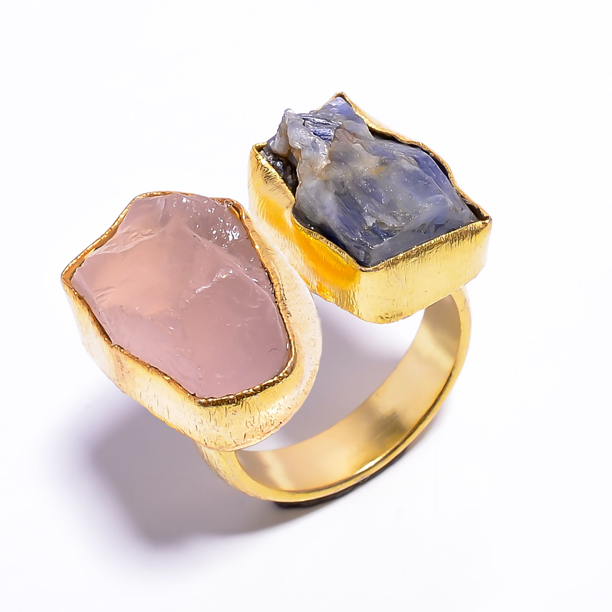 Natural Blue Kyanite Rose Quartz Raw Gemstone 18k Gold Plated Ring Adjustable