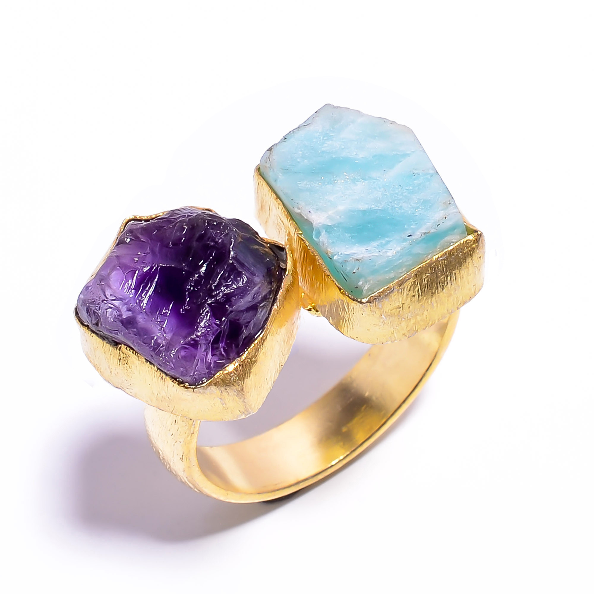 Natural Amethyst Amazonite Raw Gemstone 18k Gold Plated Ring Size US 6 Adjustable