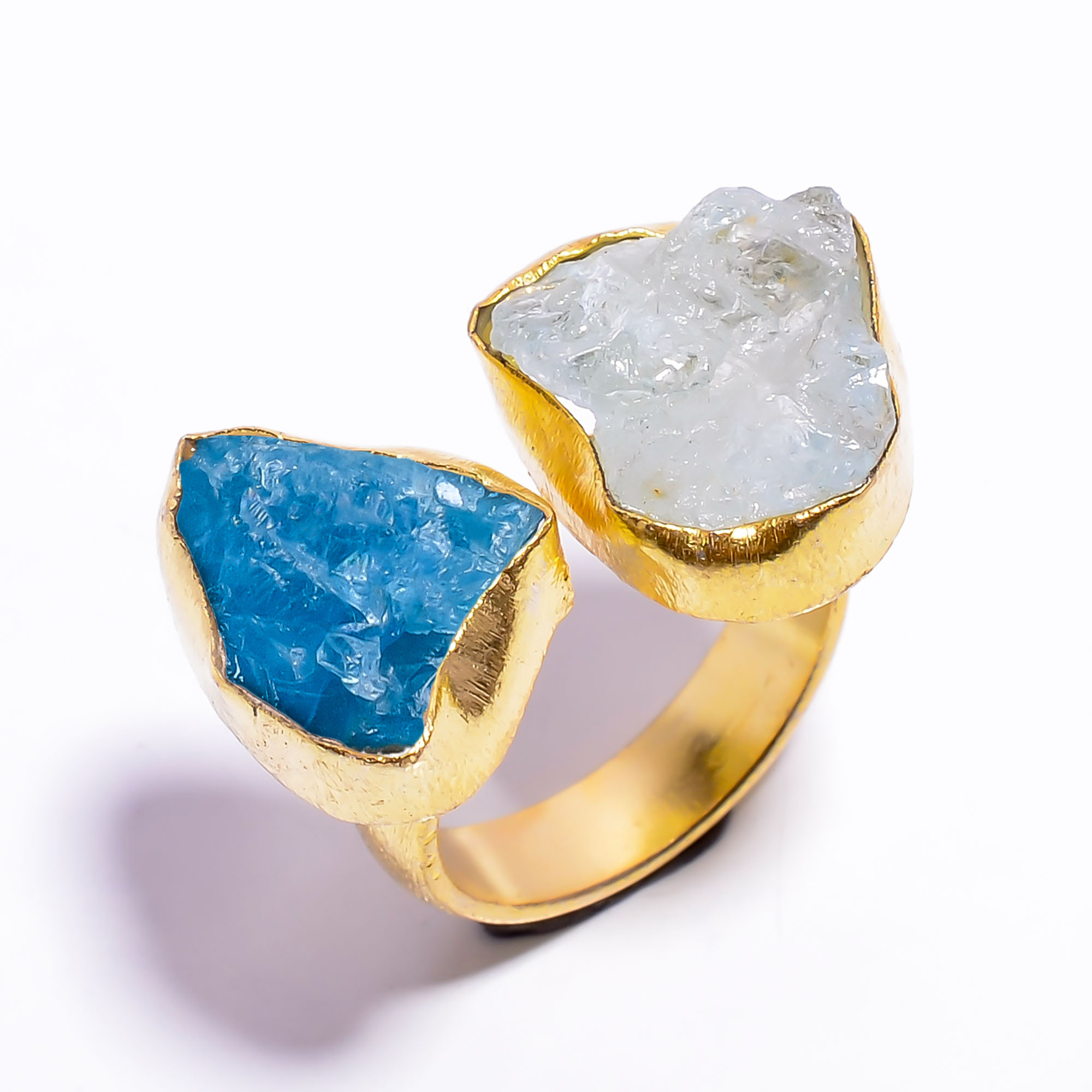 Natural Aquamarine Neon Apatite Raw Gemstone 18k Gold Plated Ring Adjustable