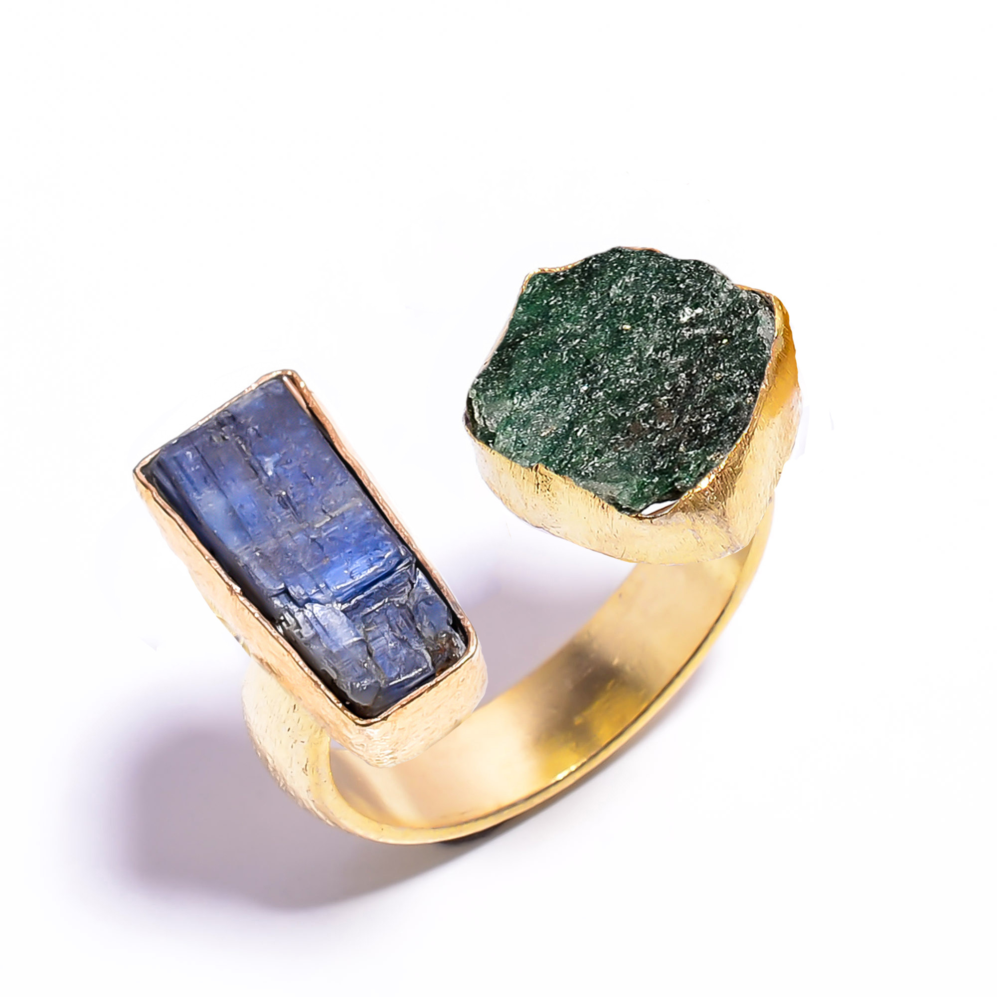 Natural Blue Kyanite Green Aventurine Raw Gemstone 18k Gold Plated Ring Adjustable
