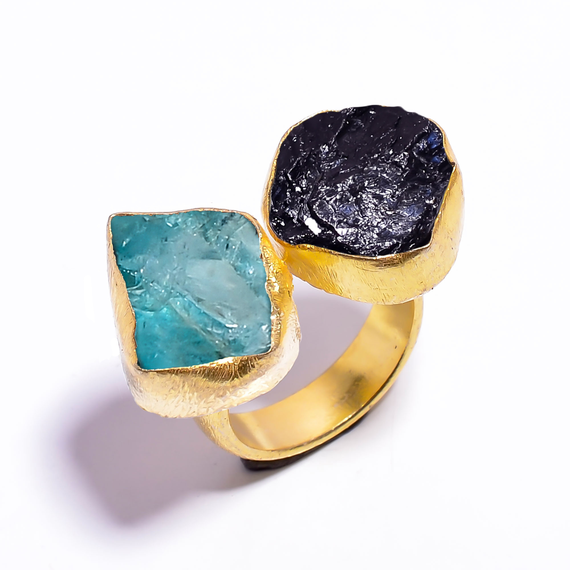 Natural Black Tourmaline Sky Apatite Raw Gemstone 18k Gold Plated Ring Adjustable