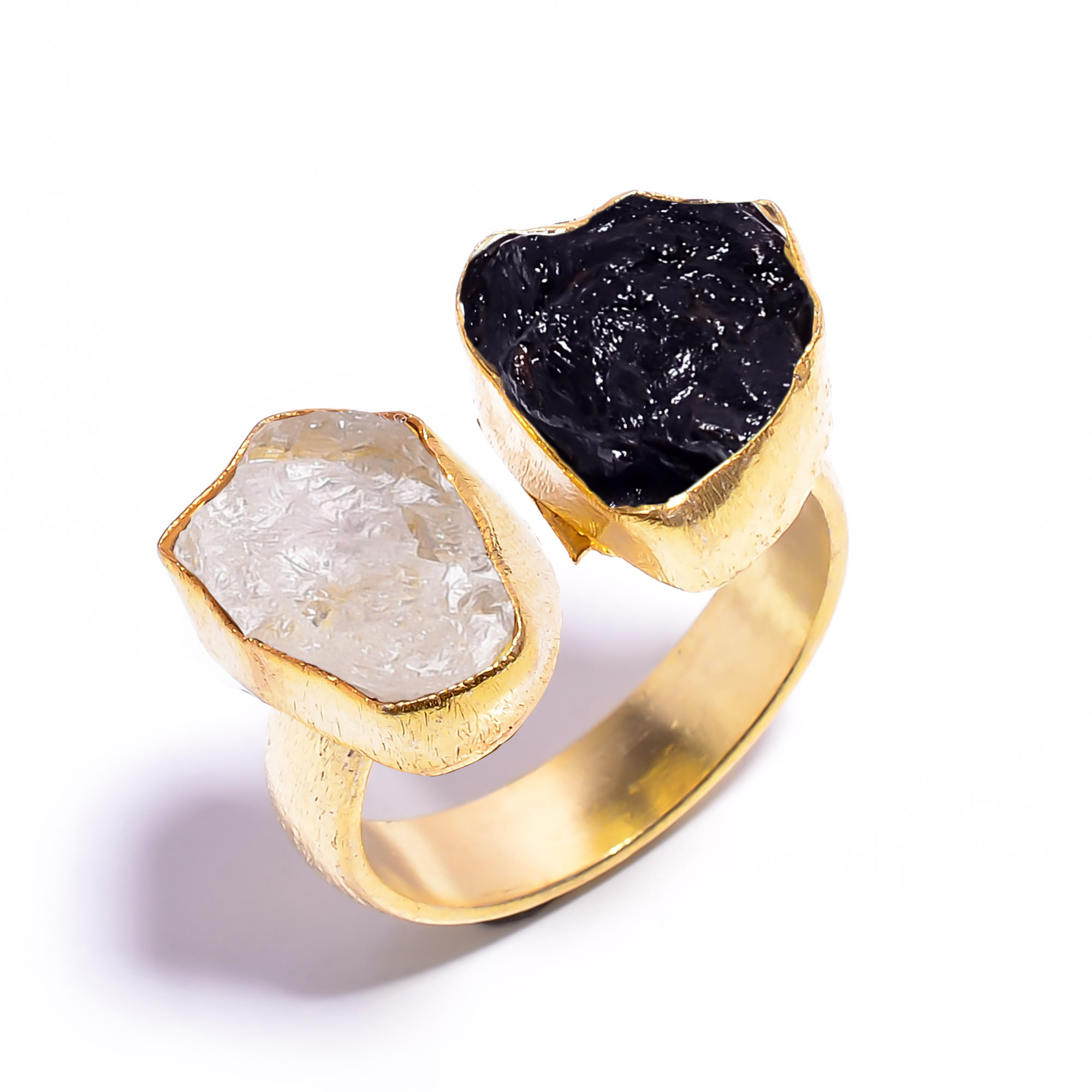 Natural Crystal Black Tourmaline Raw Gemstone 18k Gold Plated Ring Adjustable