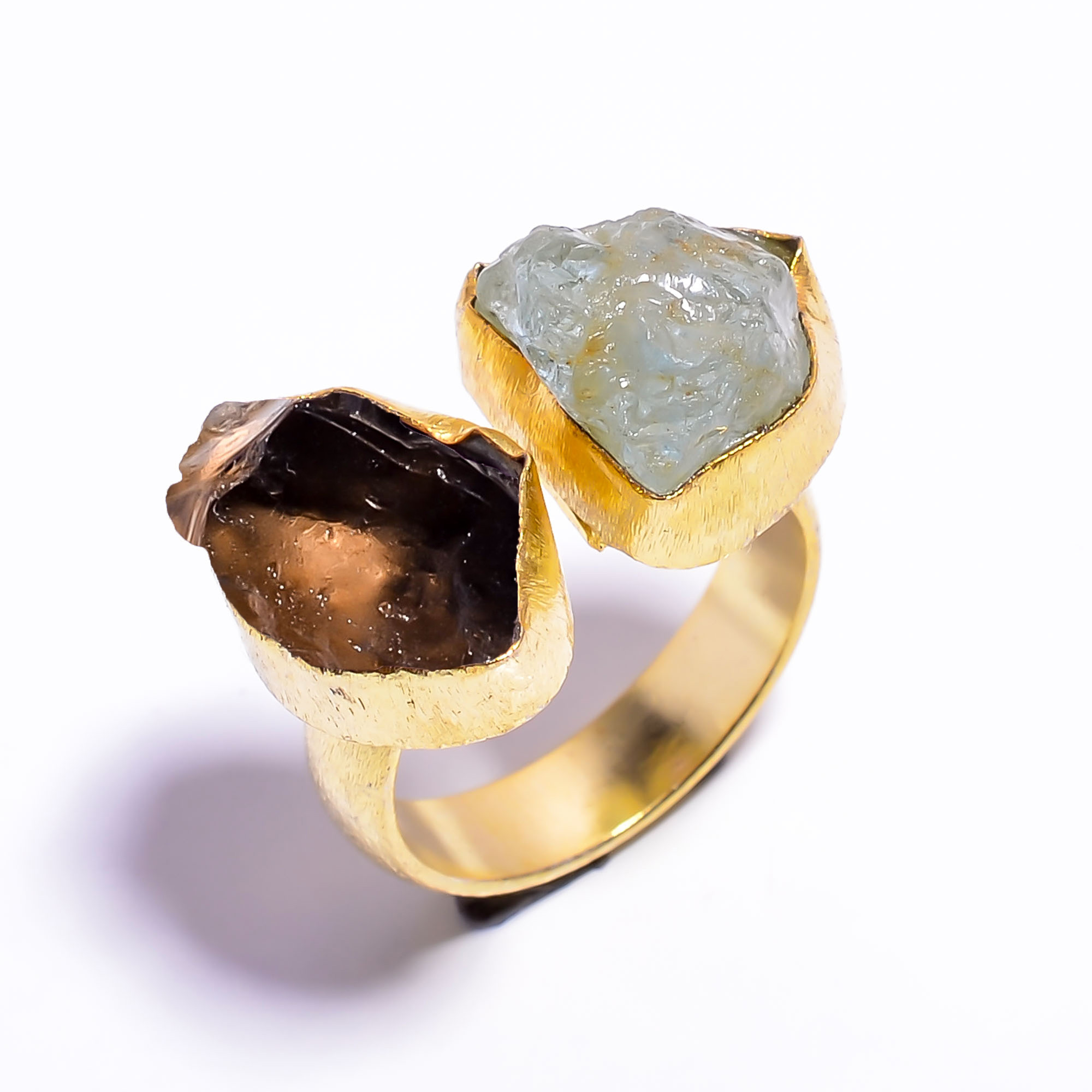 Natural Smoky Aquamarine Raw Gemstone 18k Gold Plated Ring Adjustable