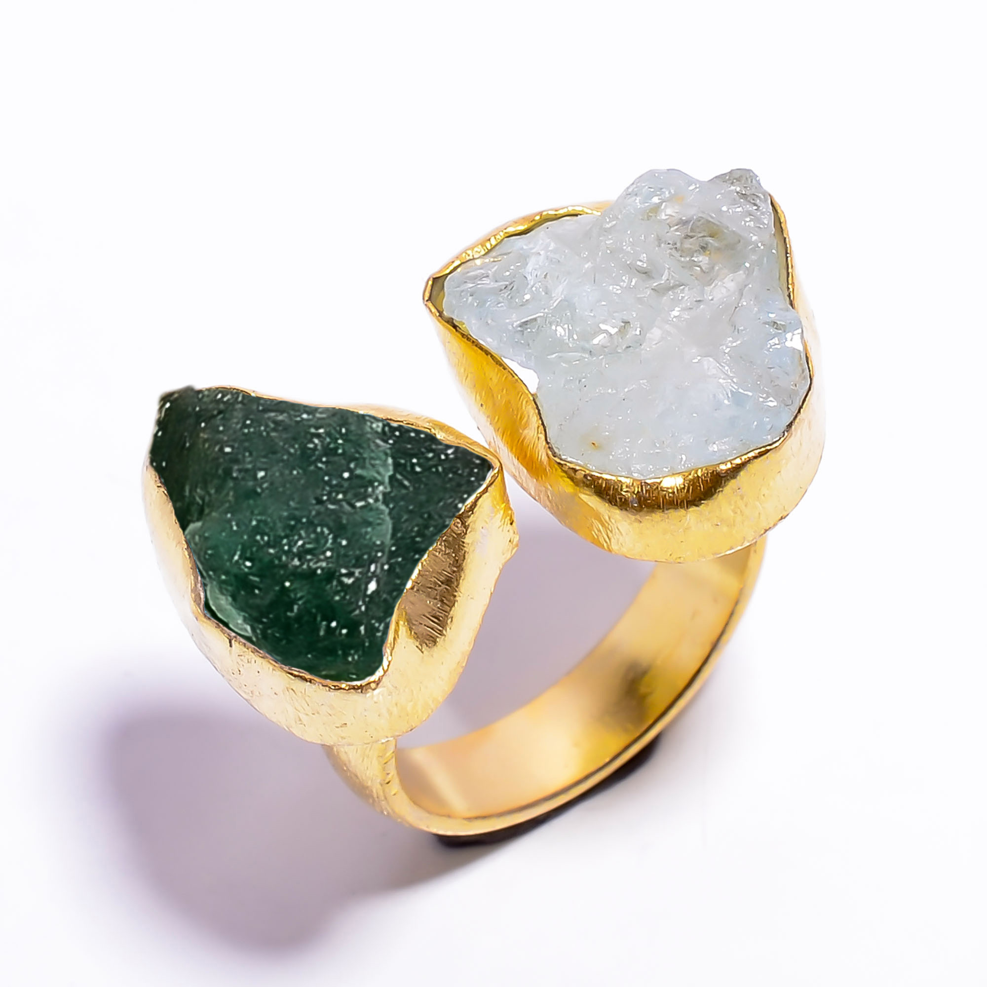Natural Aquamarine Green Aventurine Raw Gemstone 18k Gold Plated Ring Adjustable