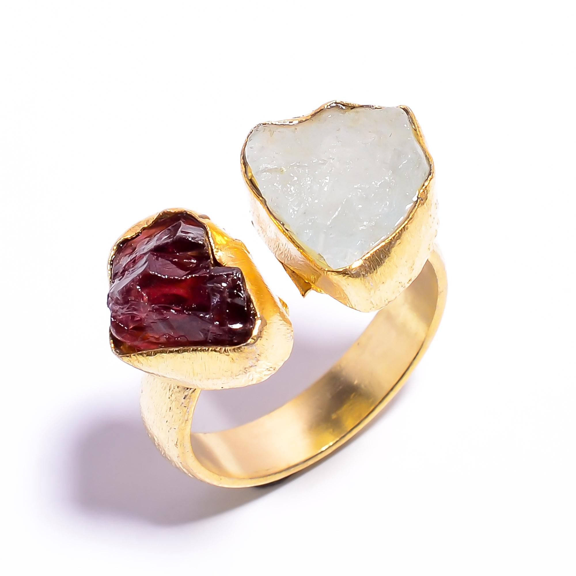 Natural Garnet Aquamarine Raw Gemstone 18k Gold Plated Ring Adjustable