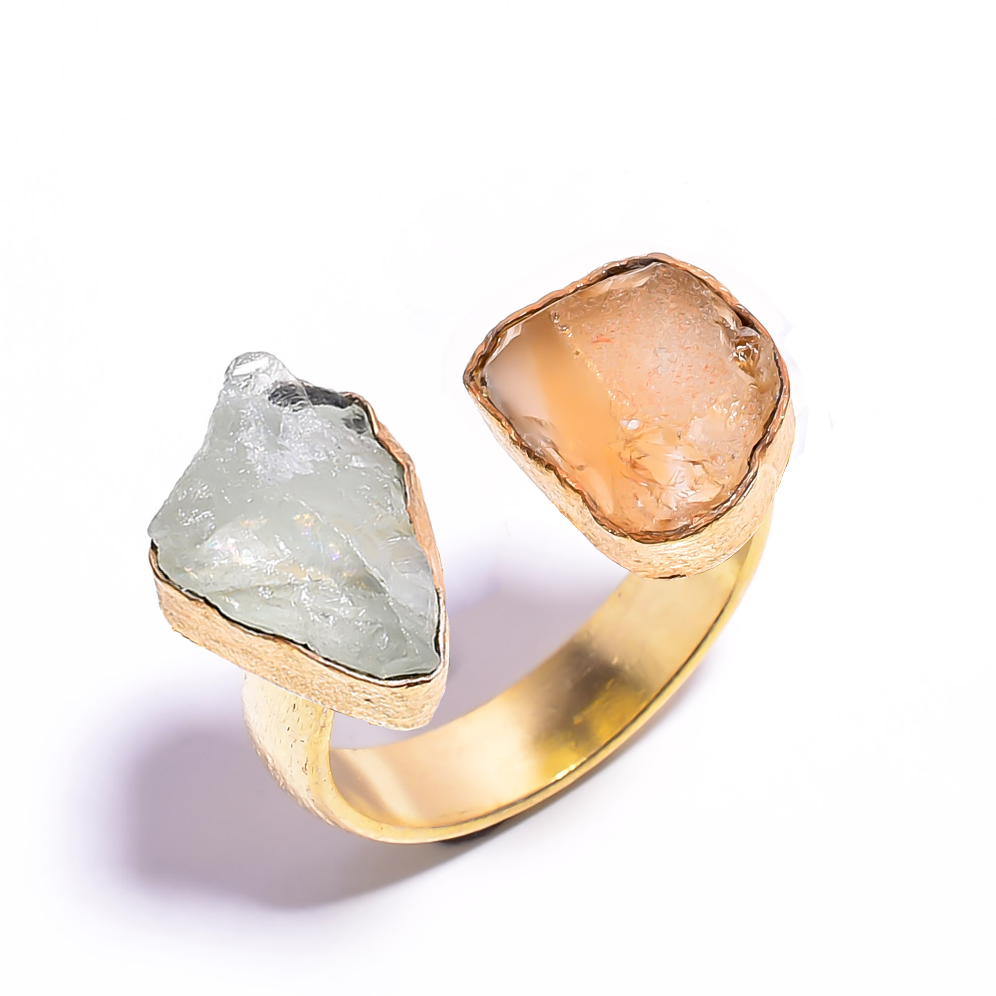 Natural Citrine Aquamarine Raw Gemstone 18k Gold Plated Ring Adjustable