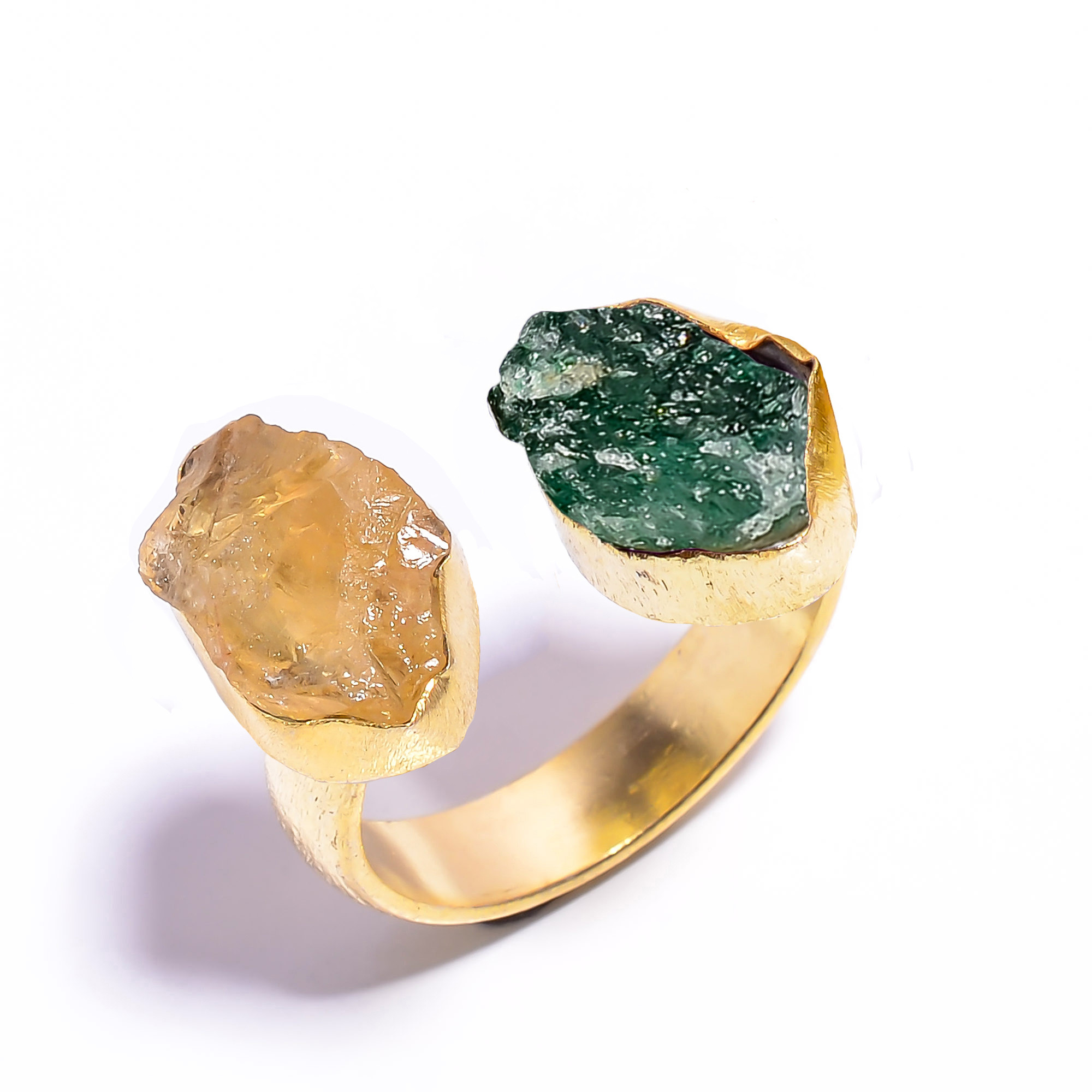 Natural Green Aventurine Citrine Raw Gemstone 18k Gold Plated Ring Adjustable