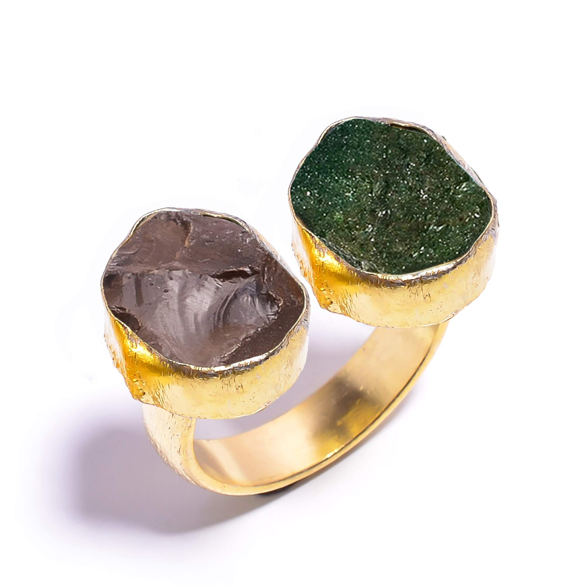 Natural Smoky Green Aventurine Raw Gemstone 18k Gold Plated Ring Adjustable
