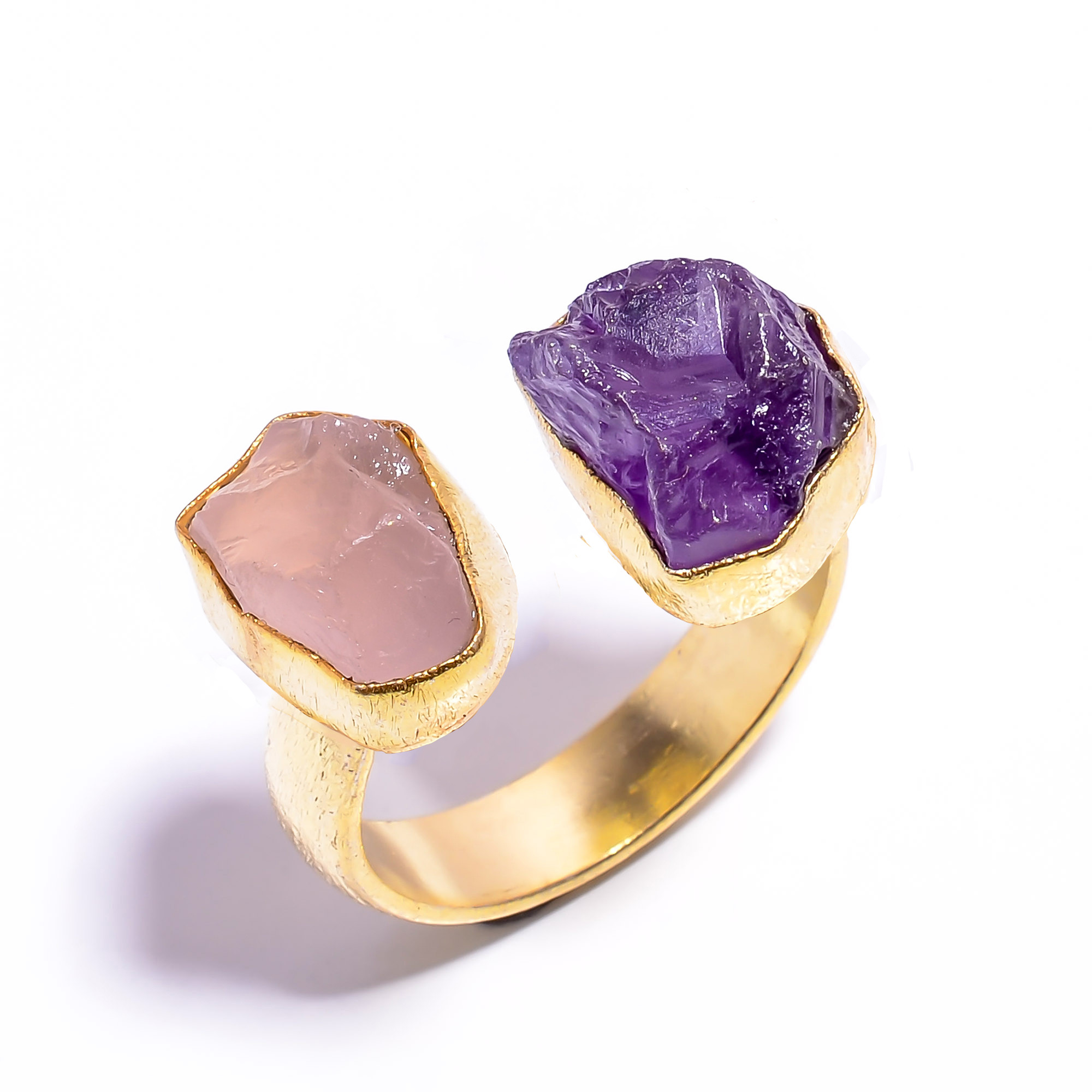 Natural Amethyst Rose Quartz Raw Gemstone 18k Gold Plated Ring Size US 75 Adjustable