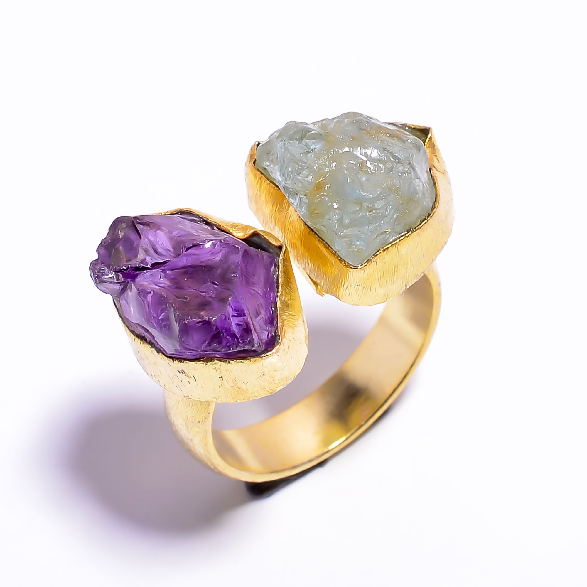 Natural Amethyst Aquamarine Raw Gemstone 18k Gold Plated Ring Adjustable