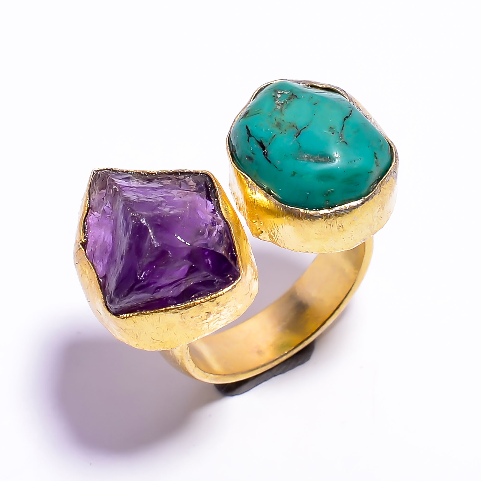 Natural Amethyst Turquoise Raw Gemstone 18k Gold Plated Ring Adjustable