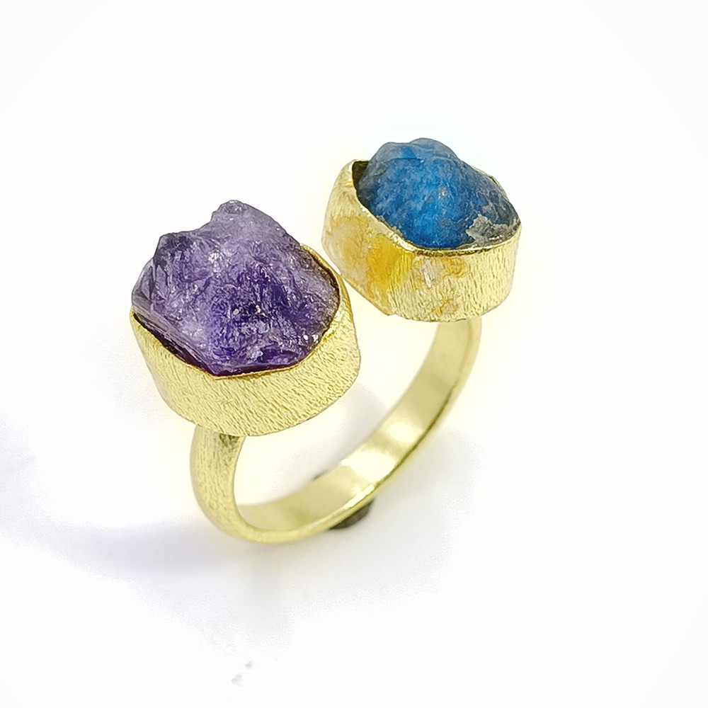 18k Gold Plated Ring Adjustable Natural Amethyst Neon Apatite Raw Gemstone RIng Size 65 Adjustable