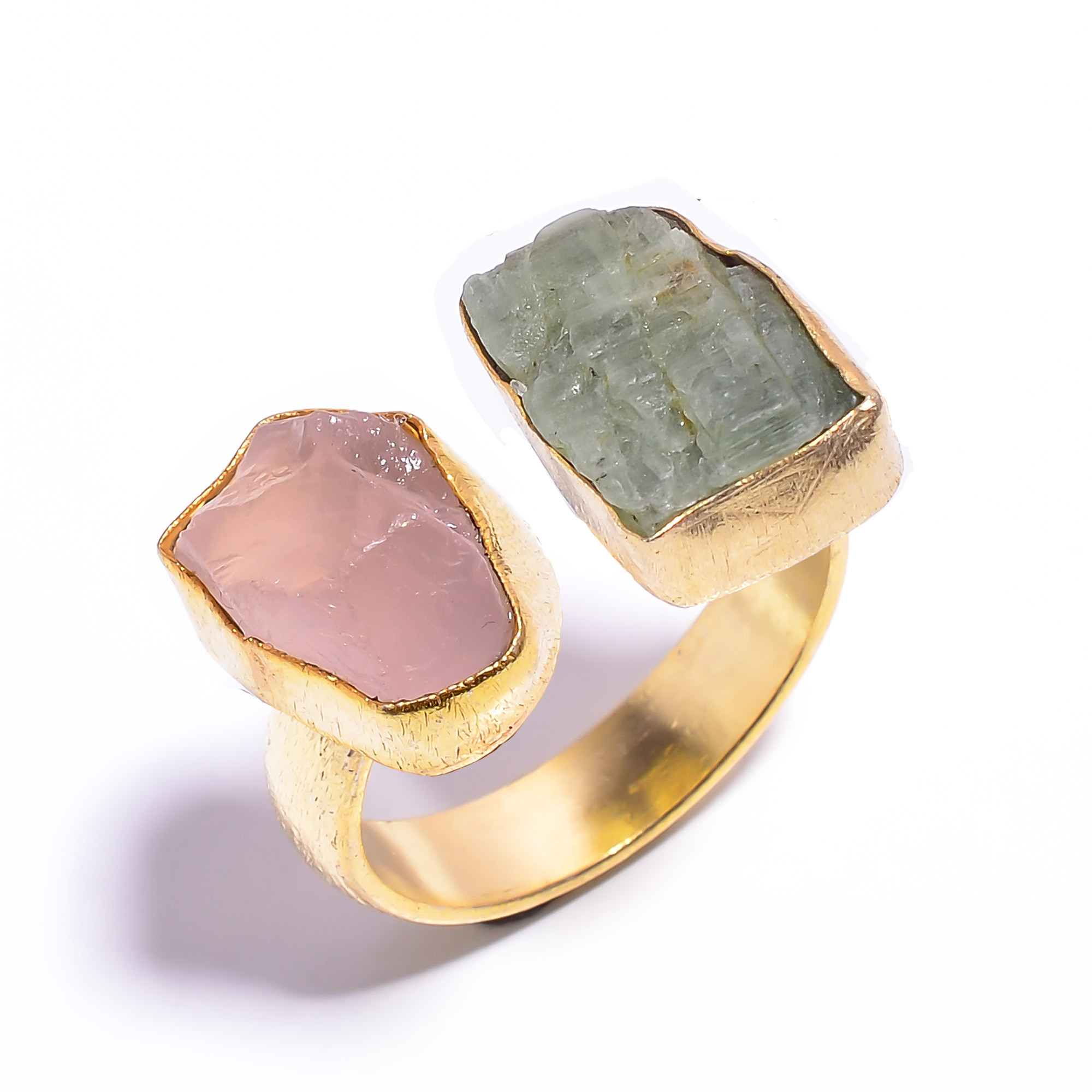 Natural Green Kyanite Rose Quartz l Raw Gemstone 18k Gold Plated Ring Adjustable