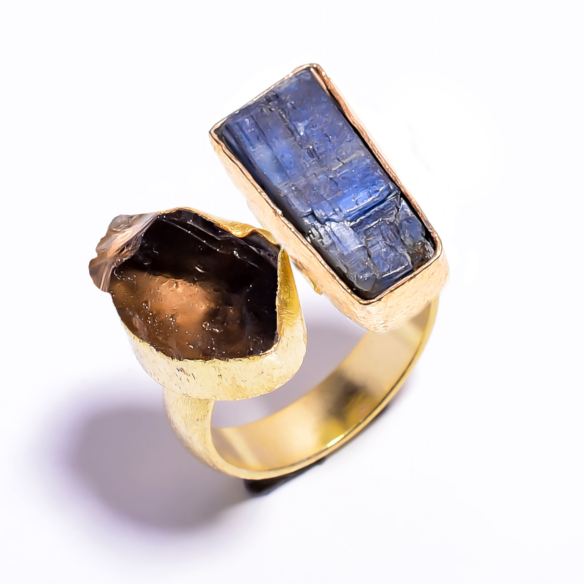 Natural Blue Kyanite Smoky Raw Gemstone 18k Gold Plated Ring Adjustable