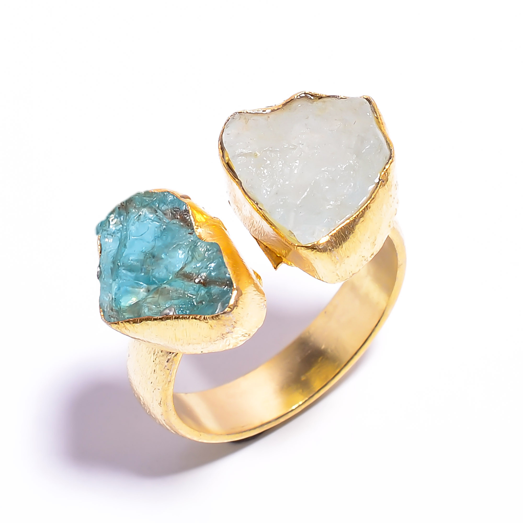 Natural Aquamarine Sky Apatite Raw Gemstone 18k Gold Plated Ring Adjustable