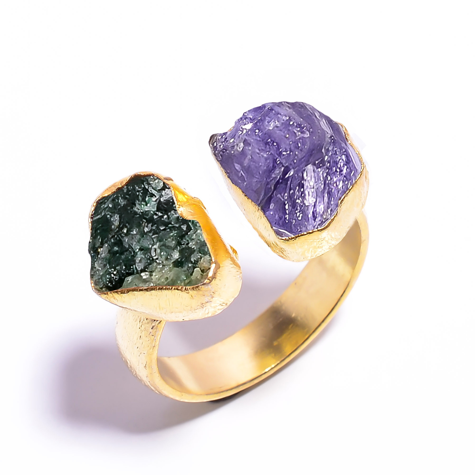Natural Tanzanite Green Aventurine Raw Gemstone 18k Gold Plated Ring Adjustable