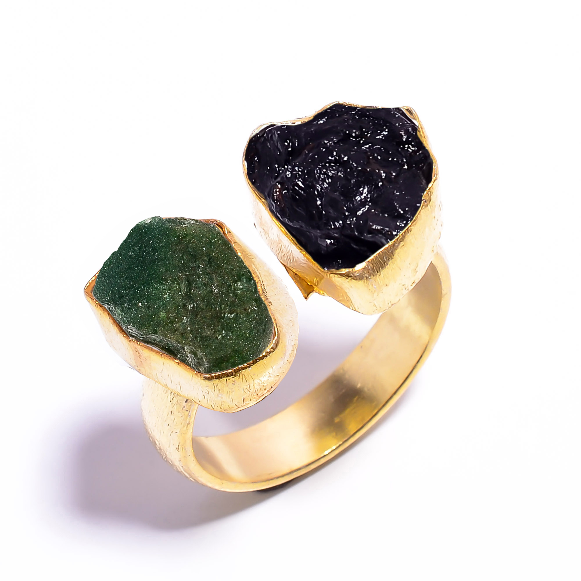 Natural Green Aventurine Black Tourmaline Raw Gemstone 18k Gold Plated Ring Adjustable